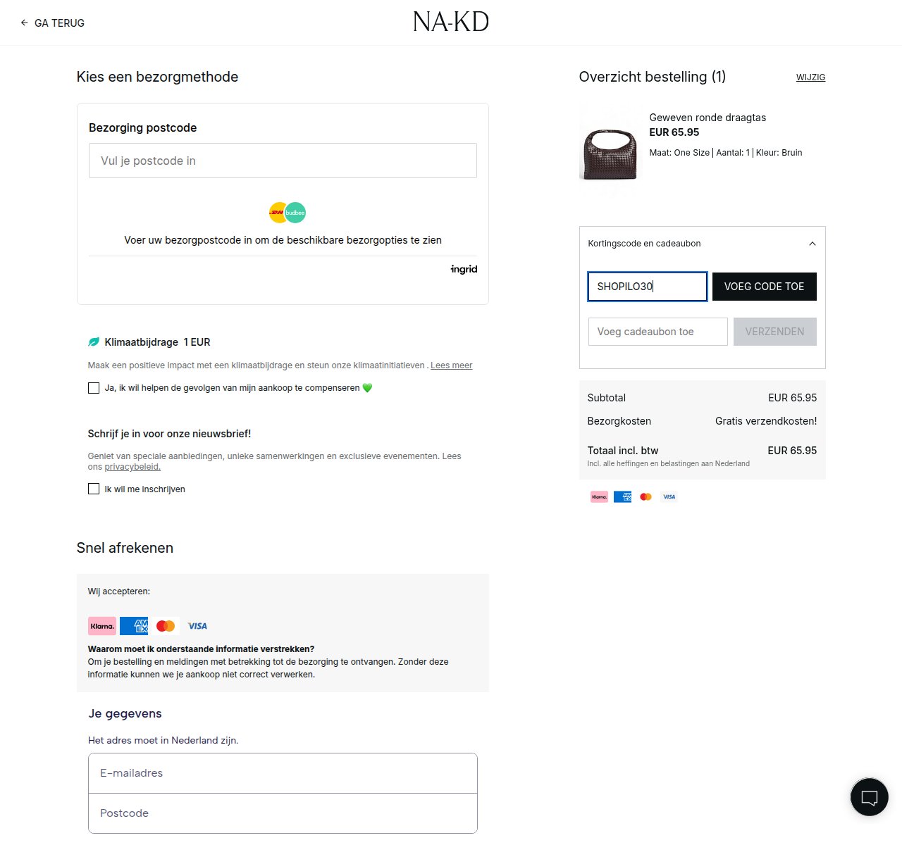 Waar je de kortingscode invoert op de NA-KD-website