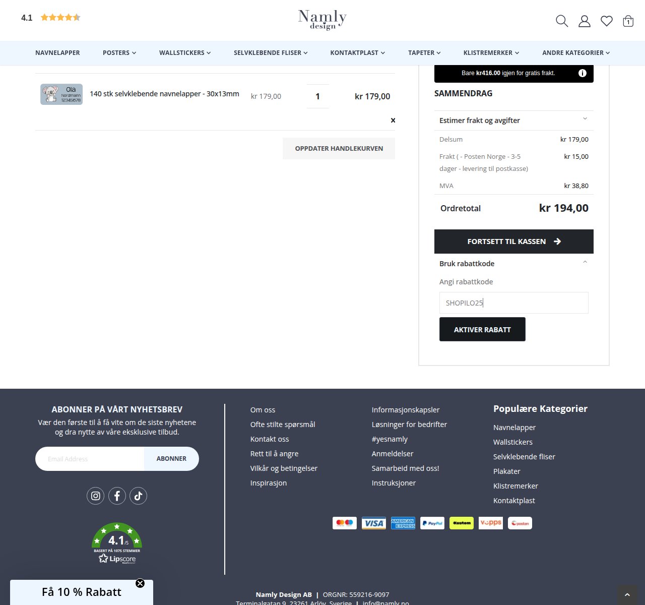 Where to enter the discount code on the Namly website