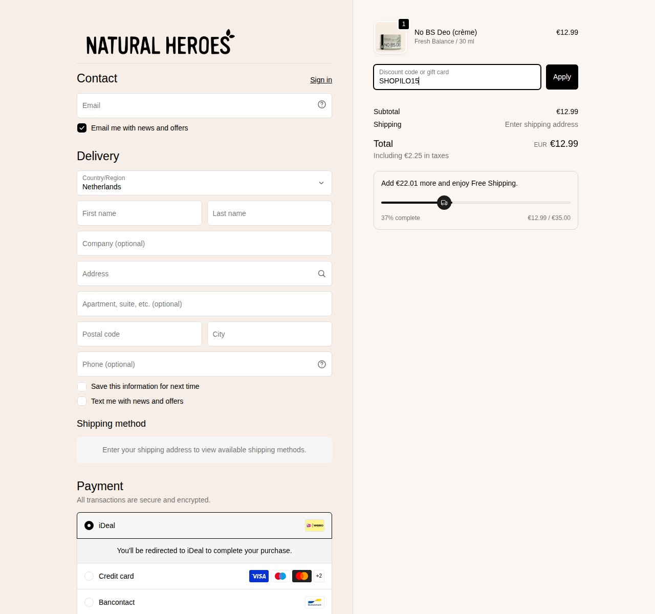 Waar je de kortingscode invoert op de Natural Heroes-website