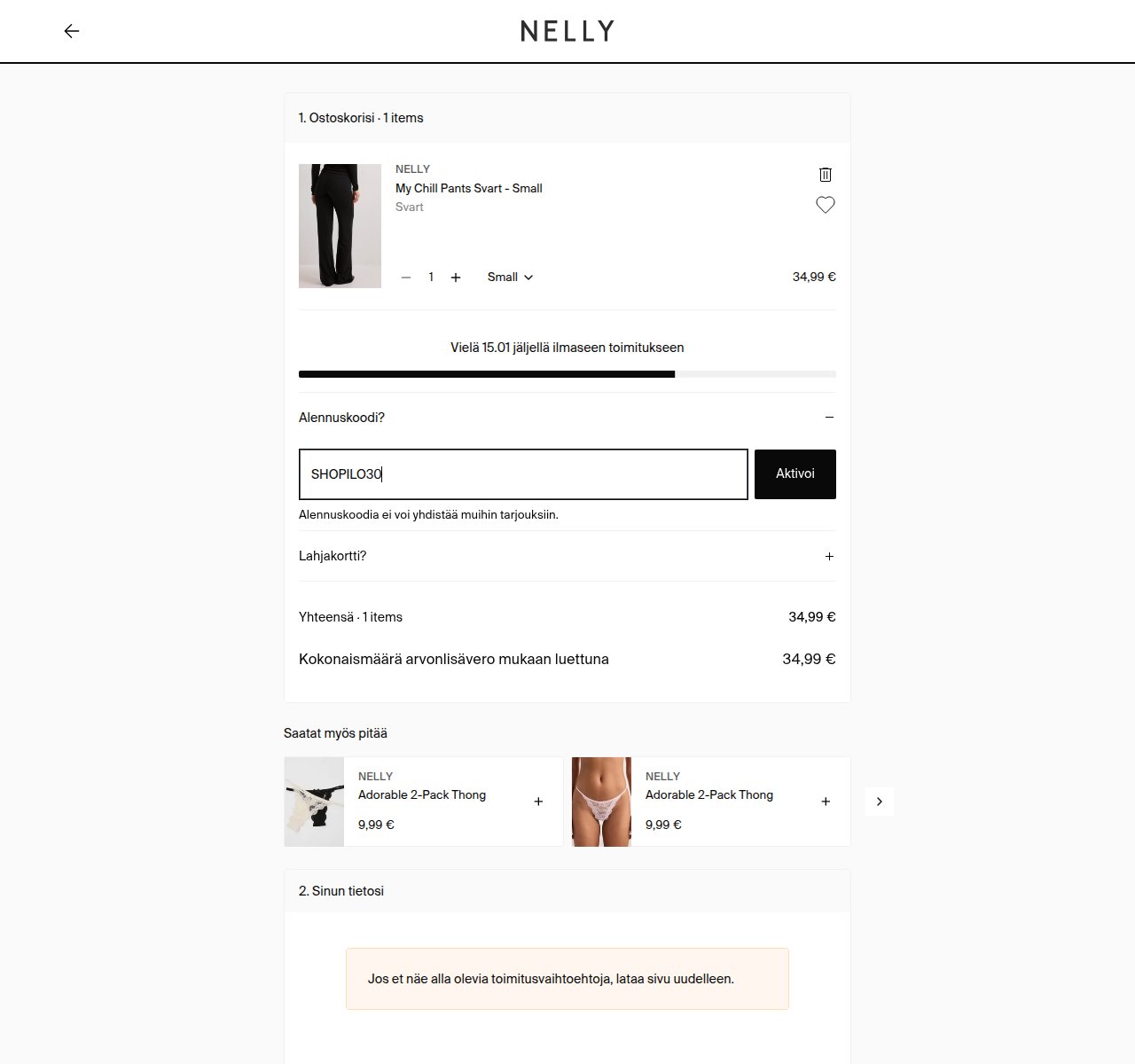 Mihin alennuskoodi syötetään Nelly-sivustolla