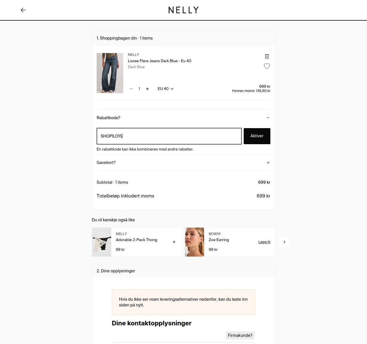 Where to enter the discount code on the Nelly website