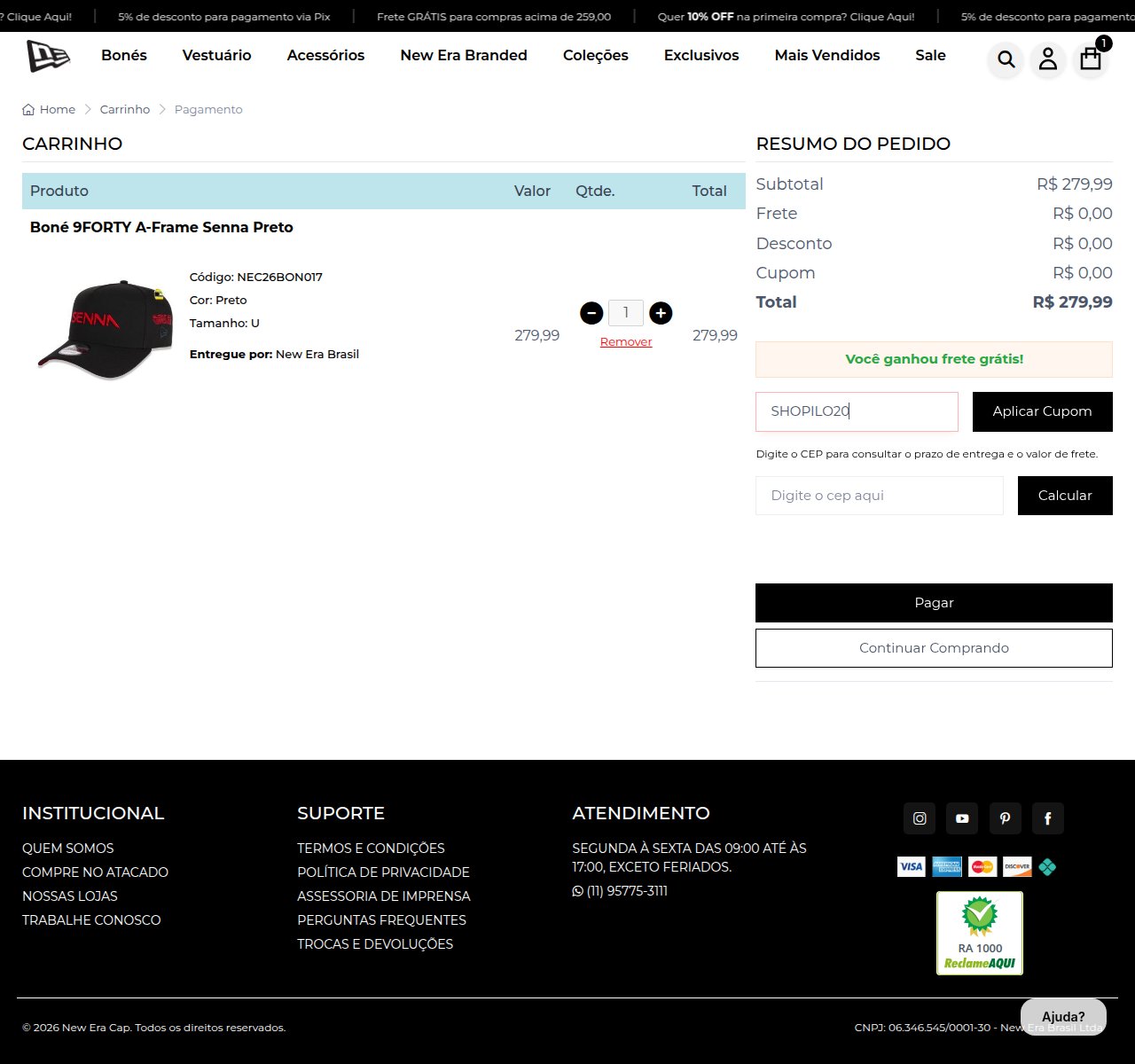 Onde inserir o código de desconto no site da New Era