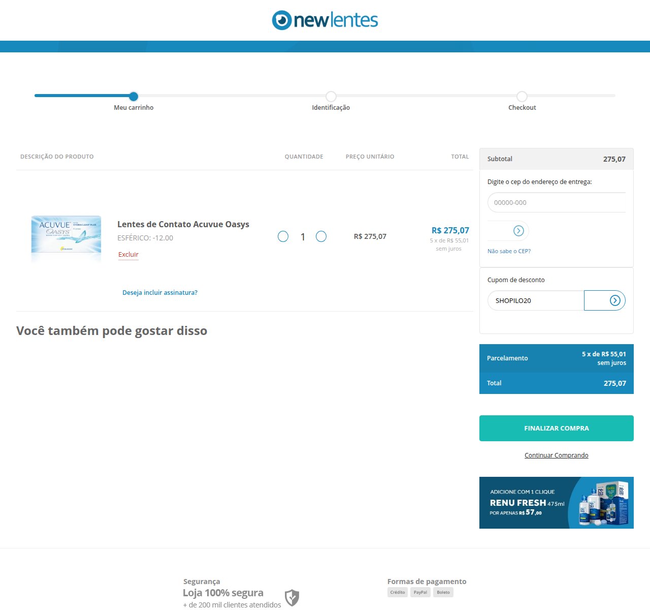 Onde inserir o código de desconto no site da NewLentes