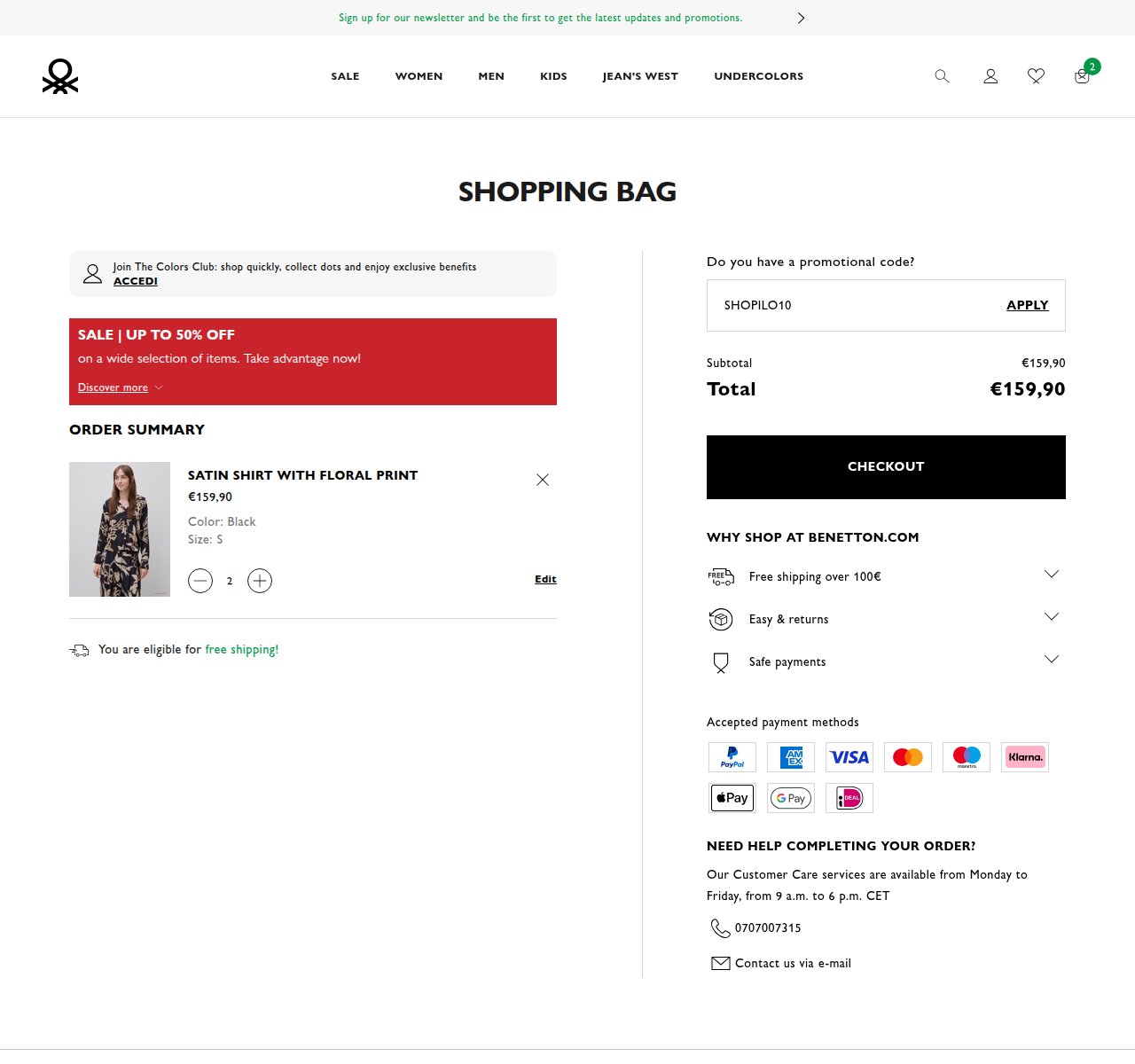 Waar je de kortingscode invoert op de Benetton-website