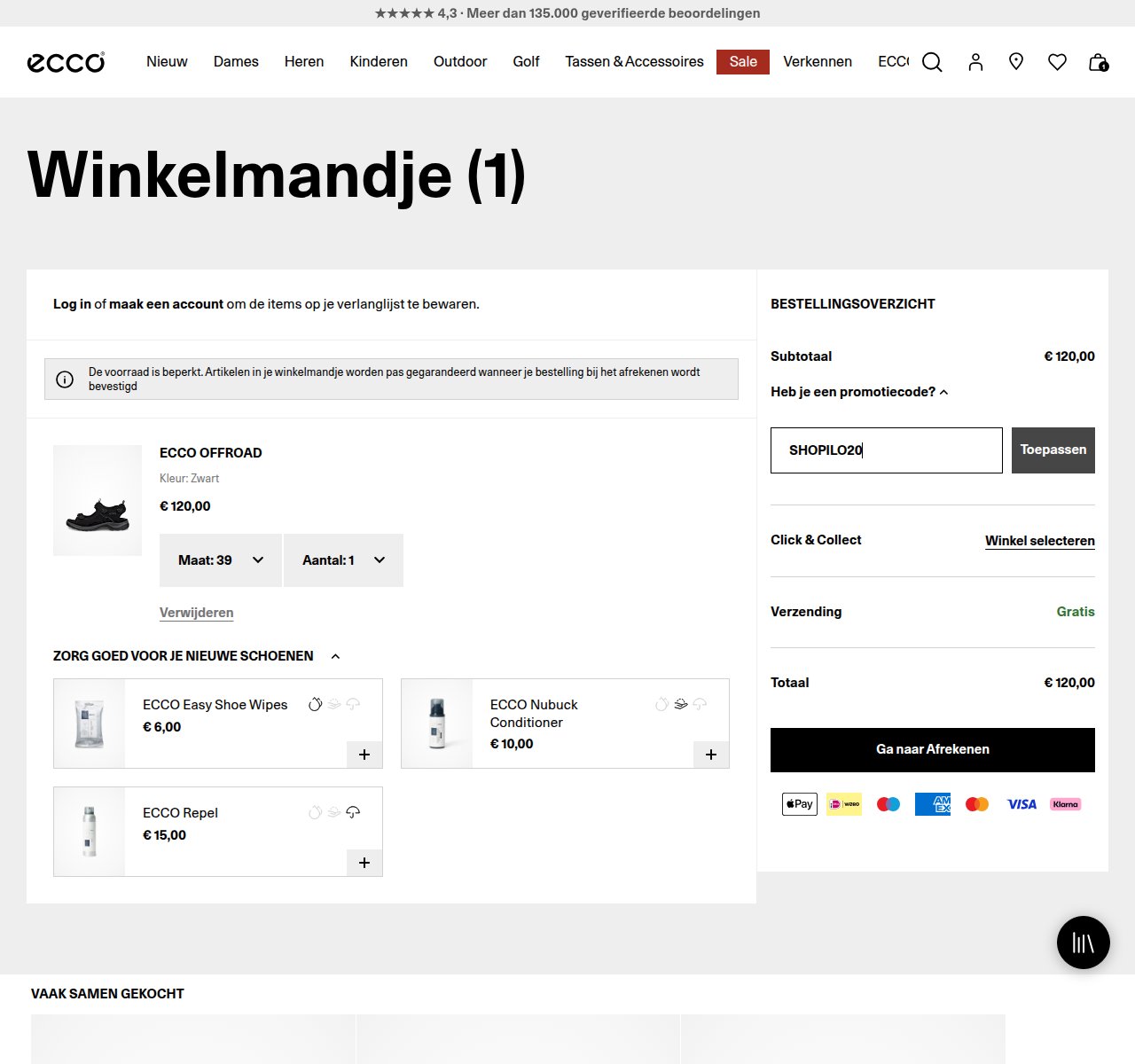 Waar je de kortingscode invoert op de ECCO-website
