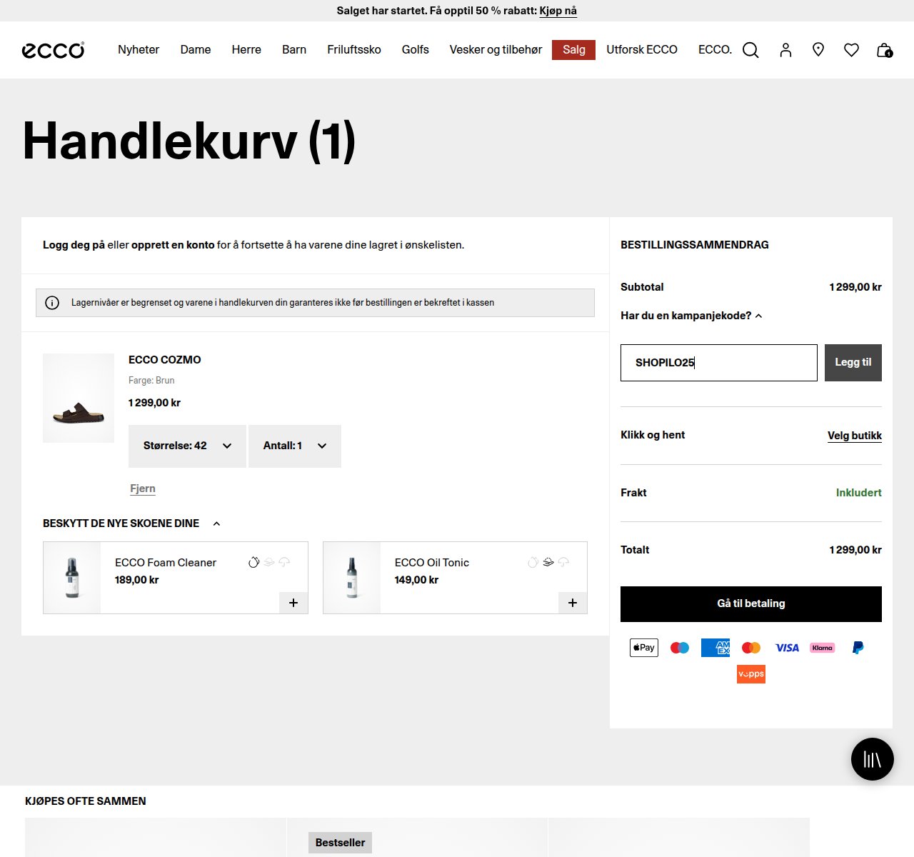 Where to enter the discount code on the ECCO website