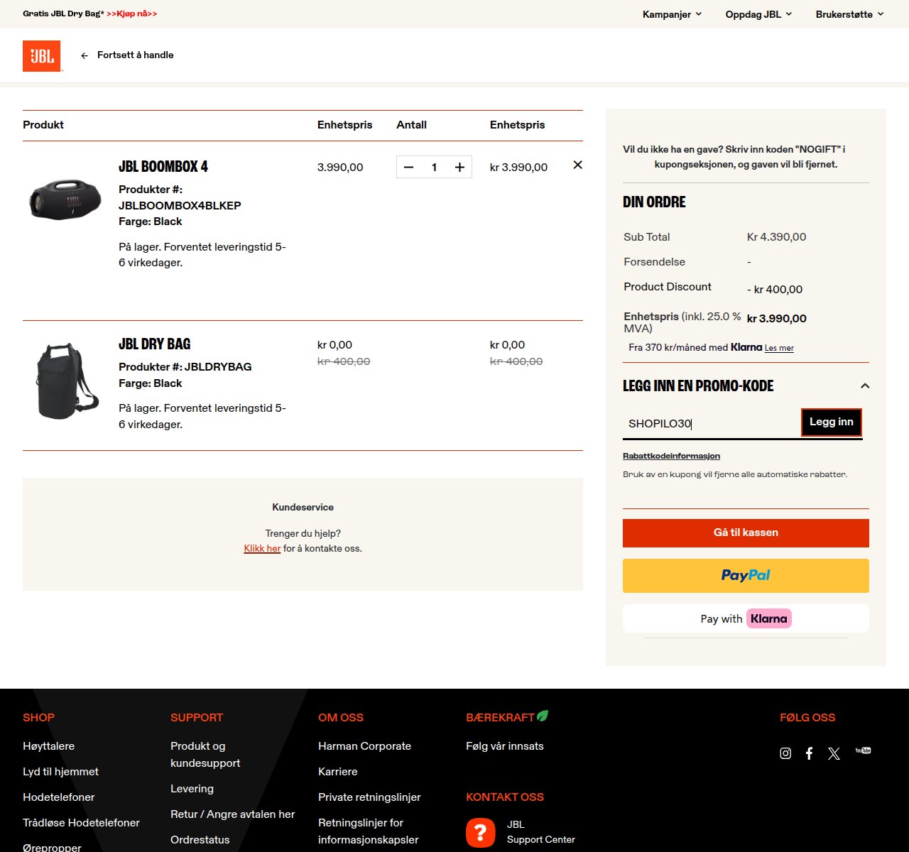 Where to enter the discount code on the JBL website