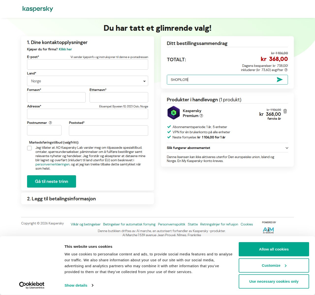 Where to enter the discount code on the Kaspersky website