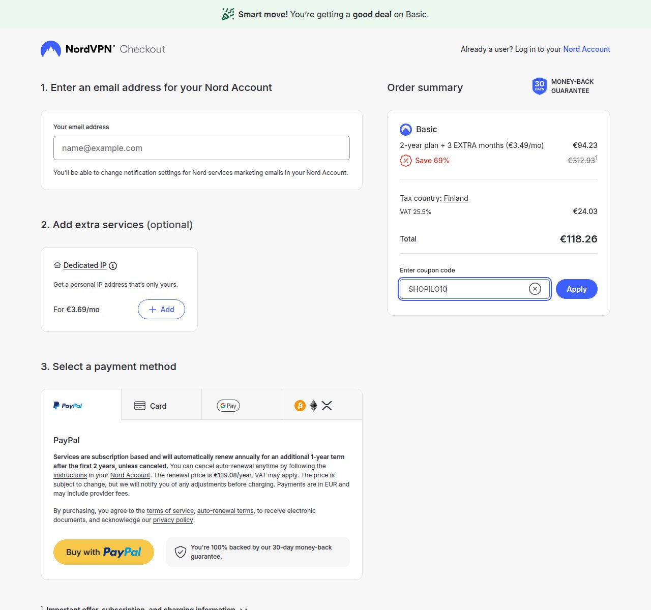 Mihin alennuskoodi syötetään NordVPN-sivustolla