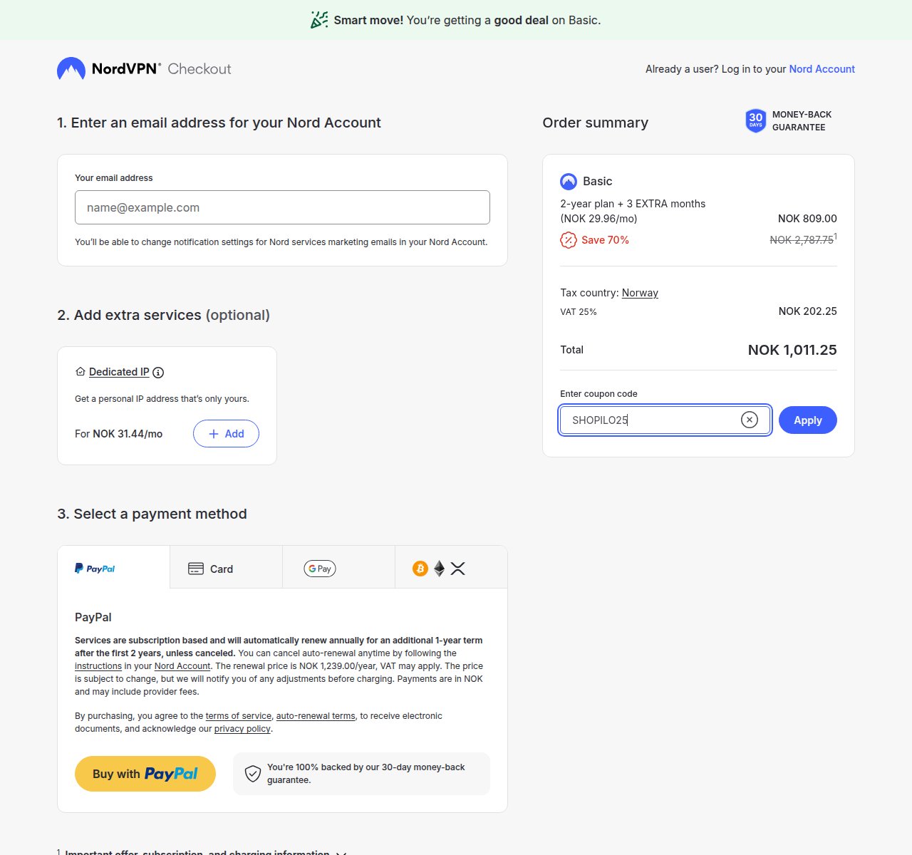 Where to enter the discount code on the NordVPN website