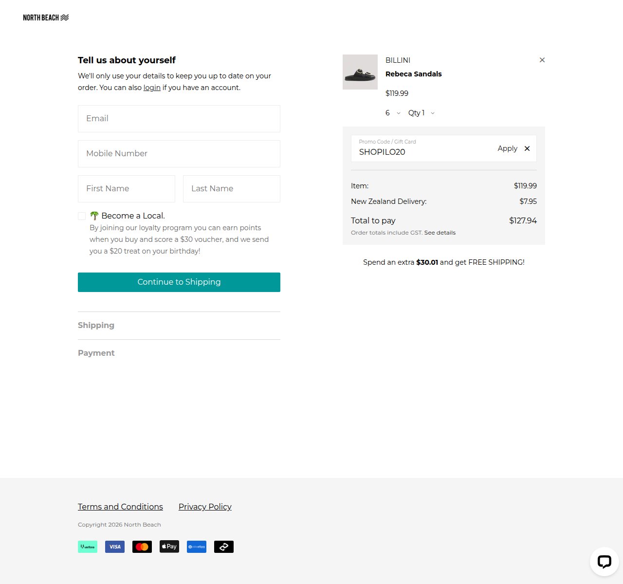 Where to enter the discount code on the North Beach website