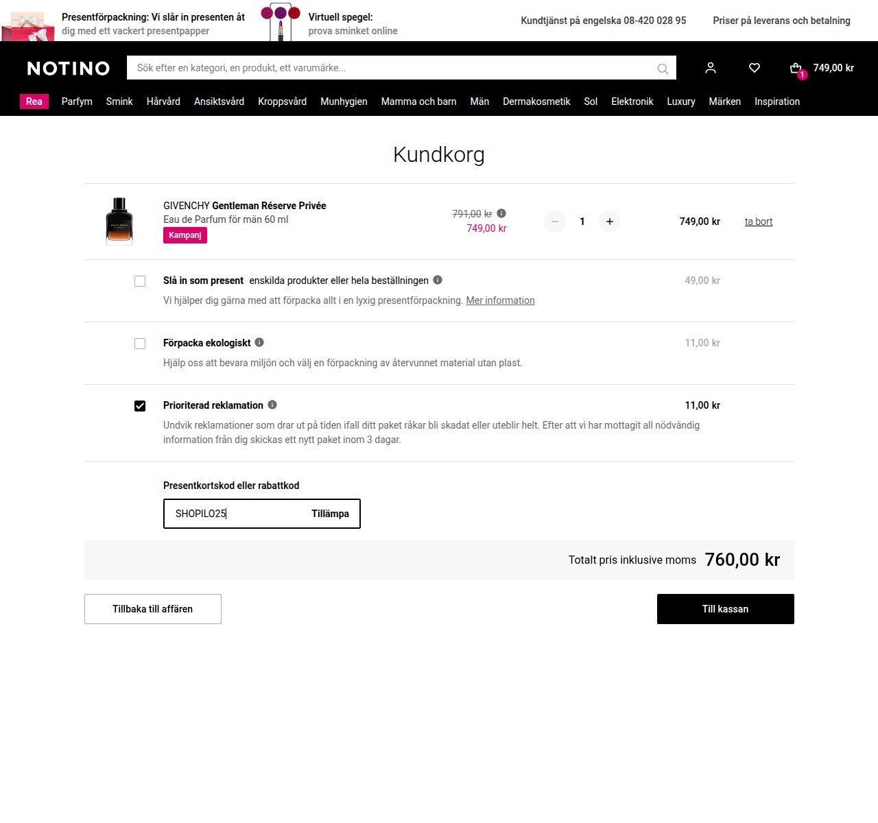 Var du anger rabattkoden på Notinos webbplats
