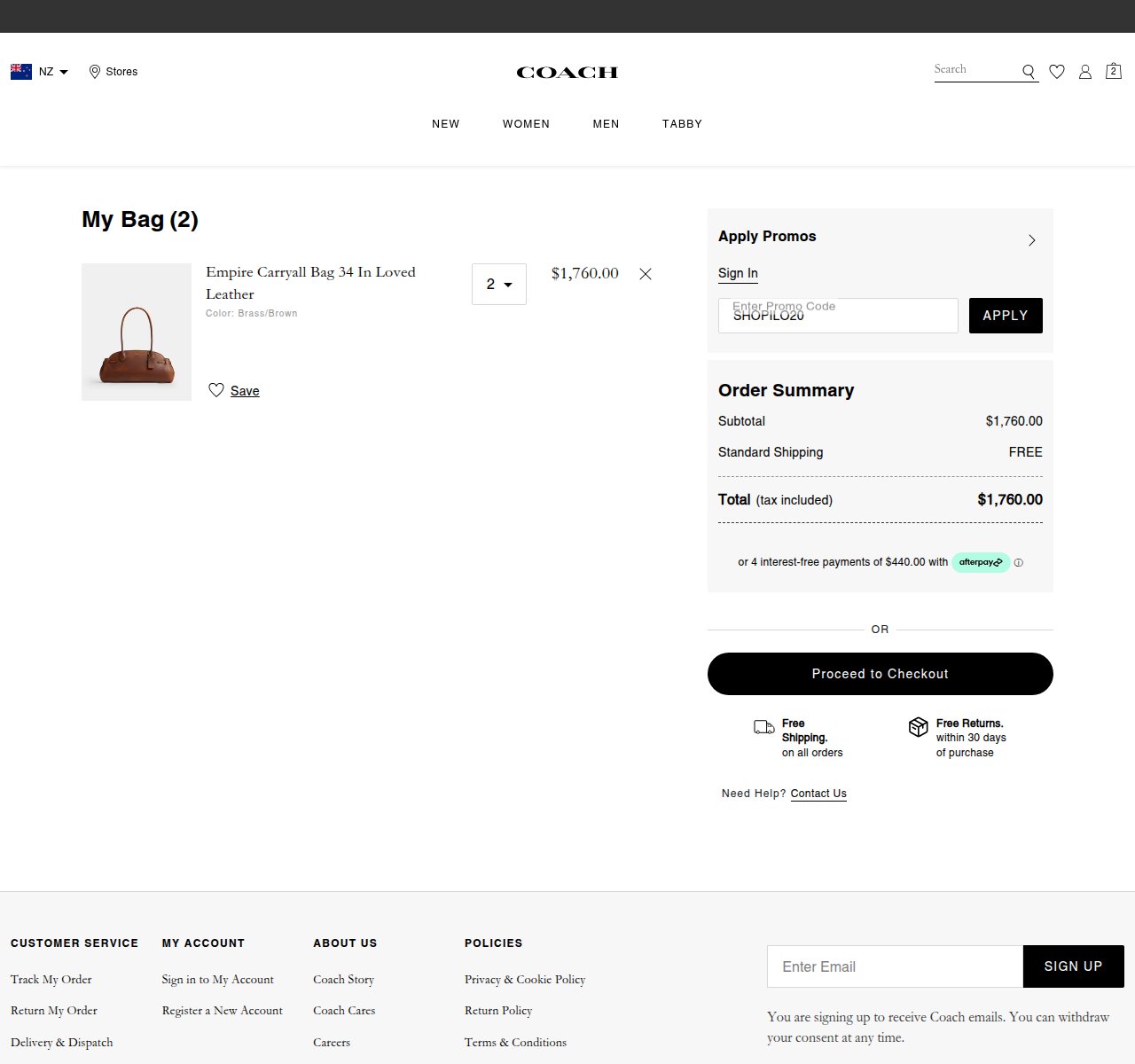 Where to enter the discount code on the Coach website
