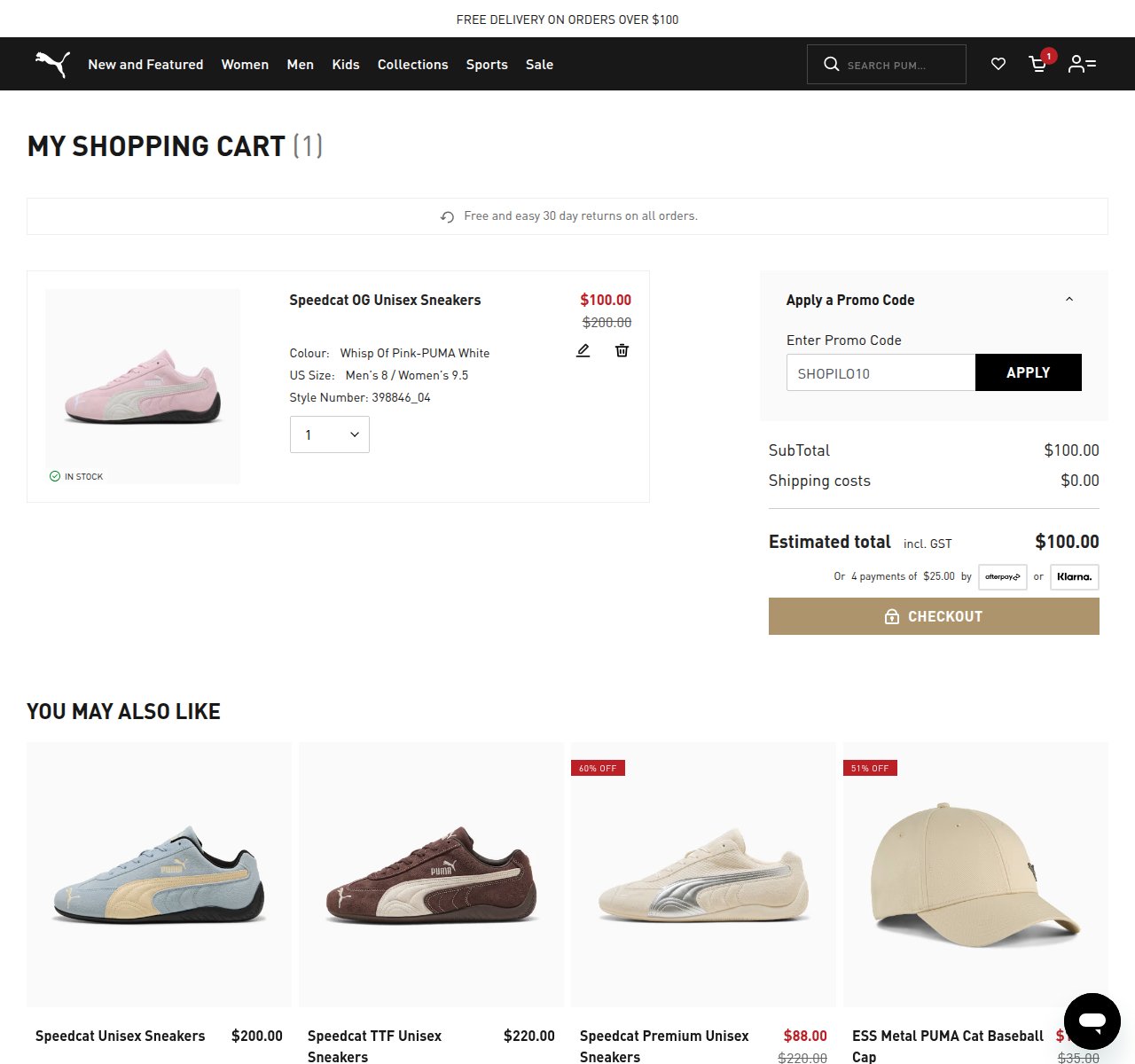 Where to enter the discount code on the PUMA website