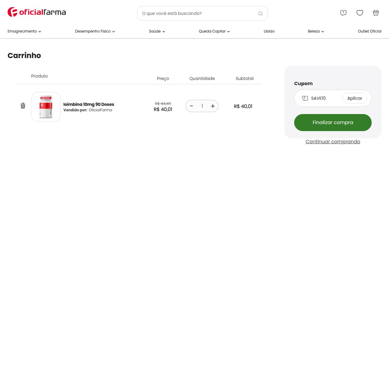 Onde inserir o código de desconto no site da Oficial Farma