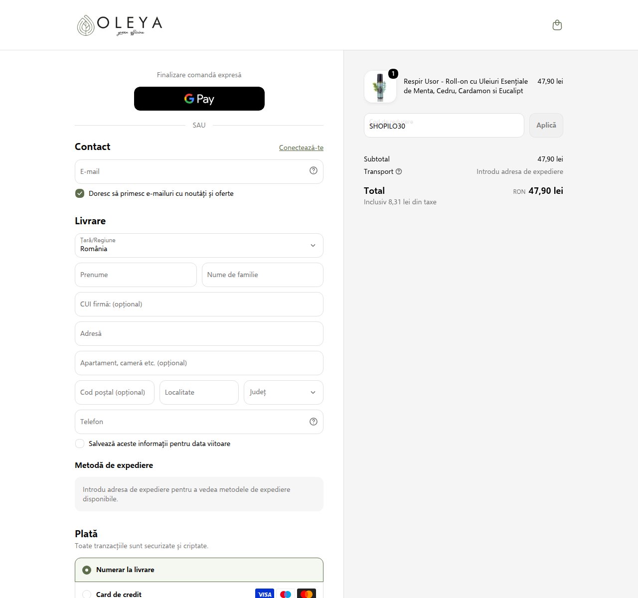 Unde introduci codul de reducere pe site-ul Oleya