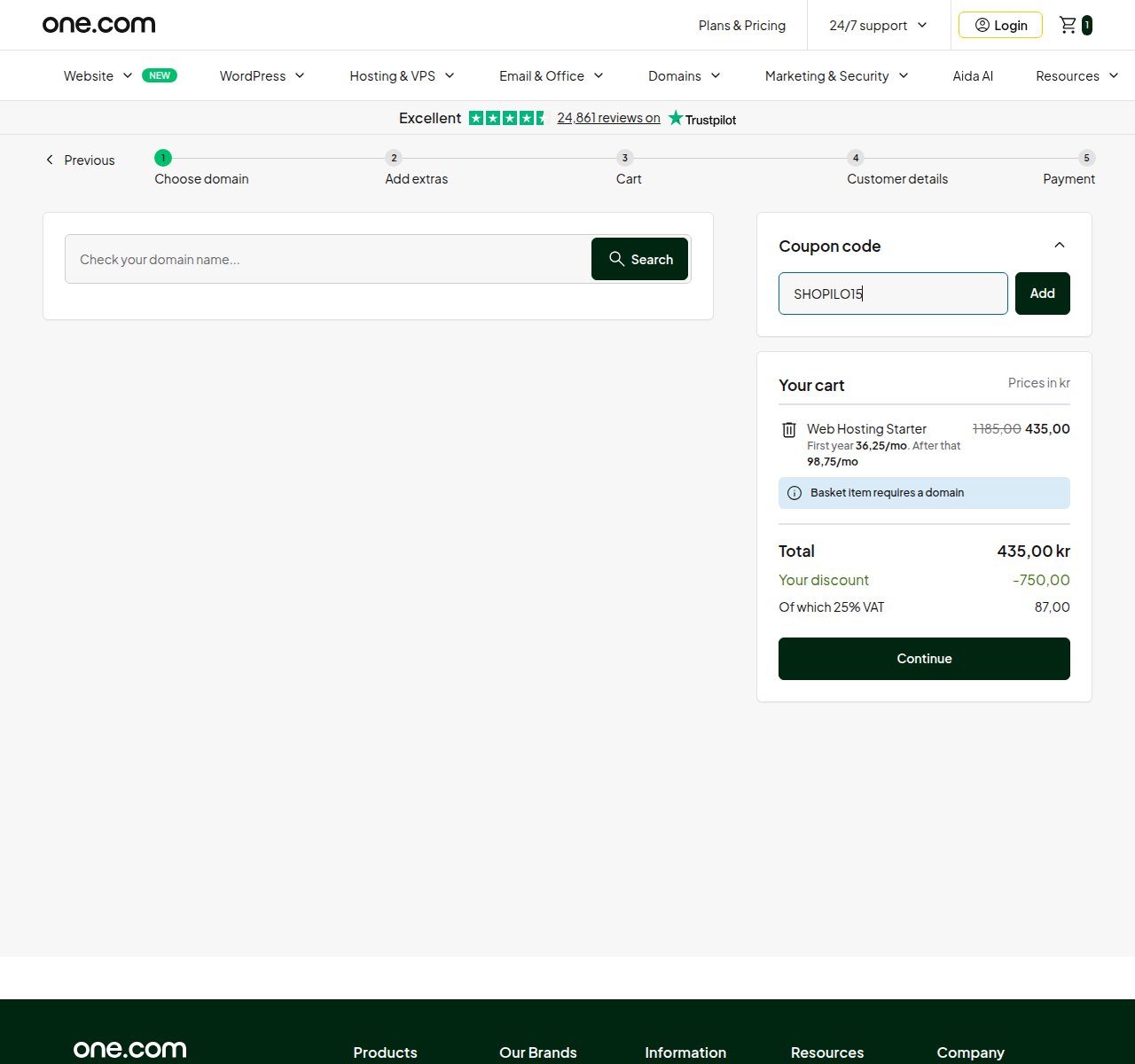 Where to enter the discount code on the One.com website