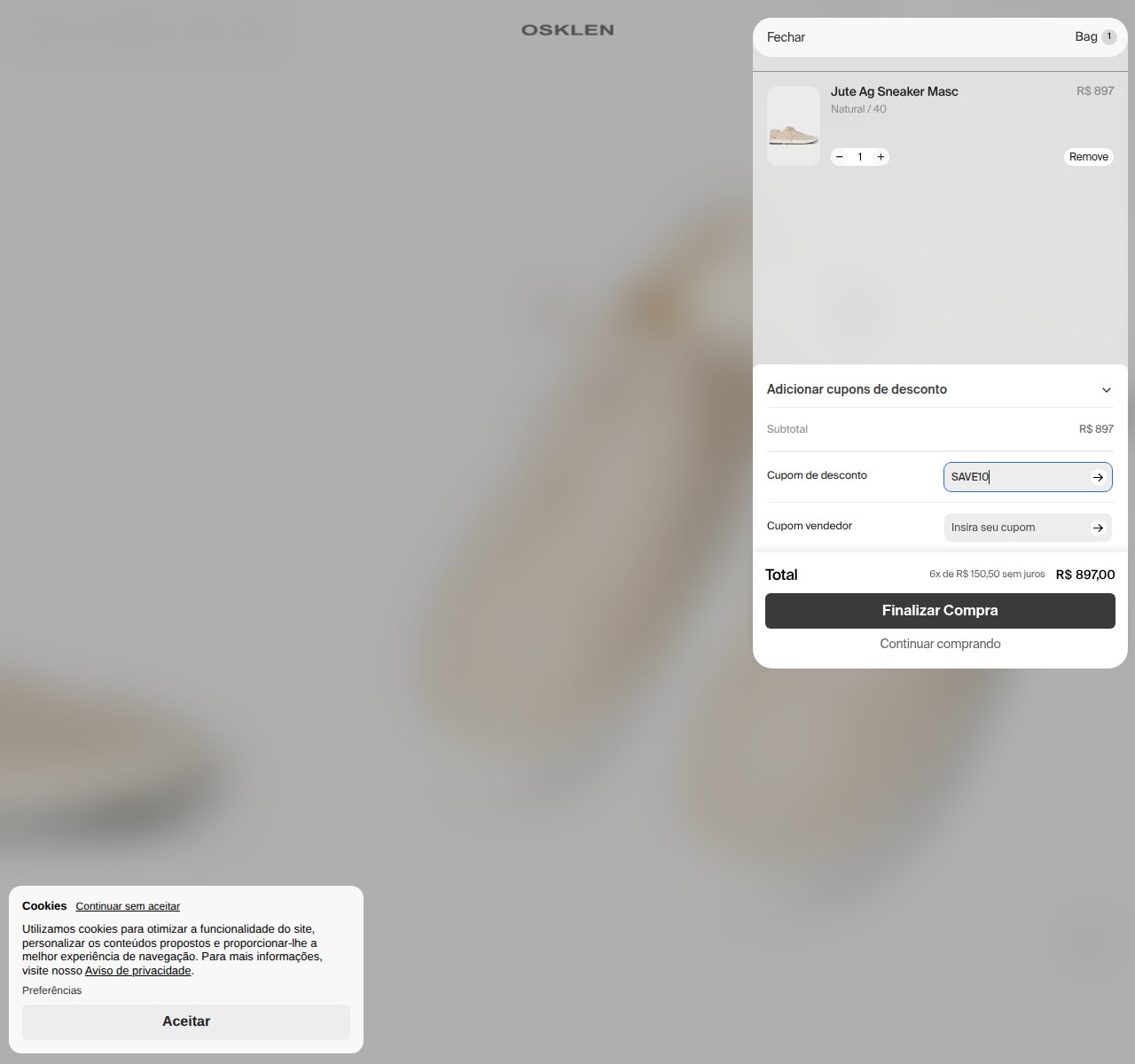 Onde inserir o código de desconto no site da Osklen