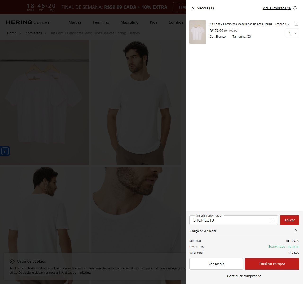 Onde inserir o código de desconto no site da Hering Outlet