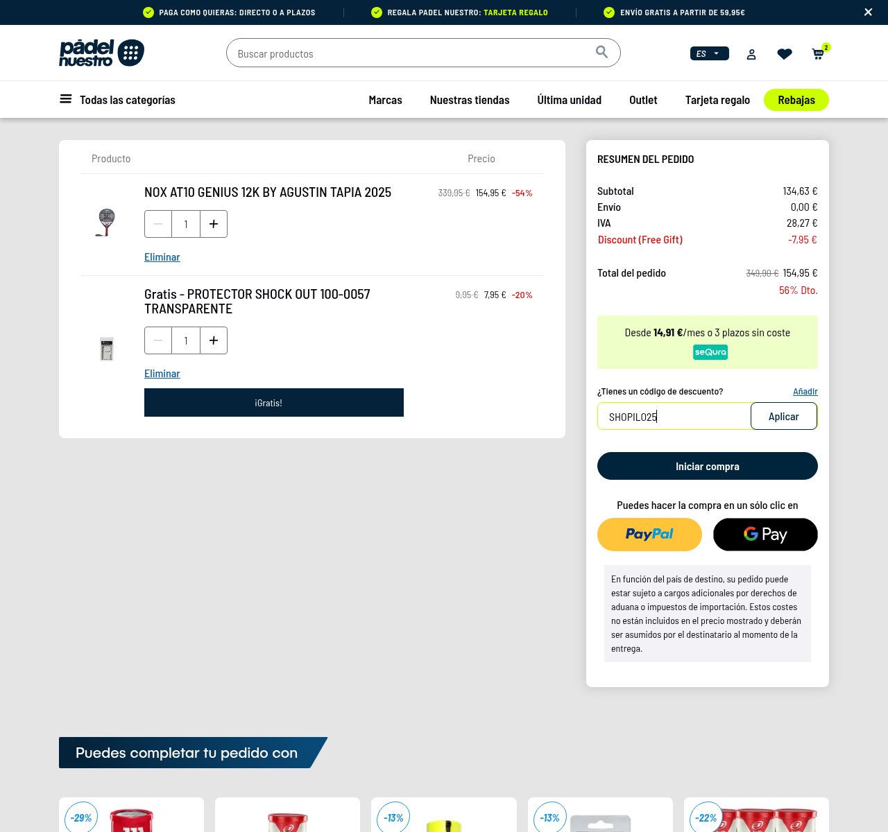 Onde inserir o código de desconto no site da Padel Nuestro