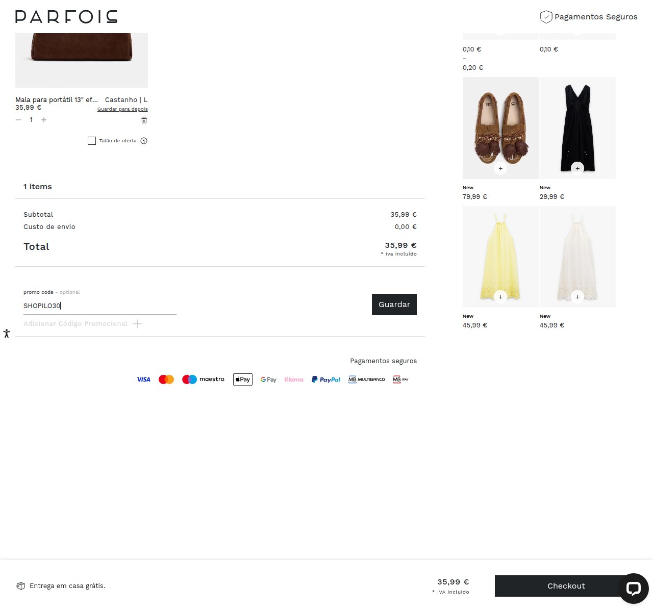 Onde inserir o código de desconto no site da Parfois