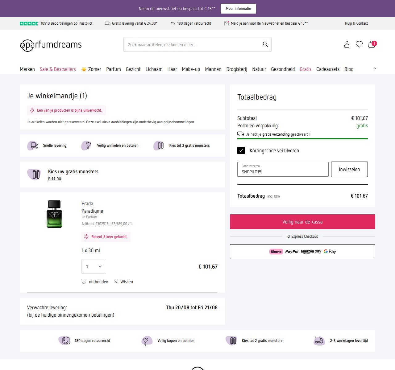 Waar je de kortingscode invoert op de Parfumdreams-website