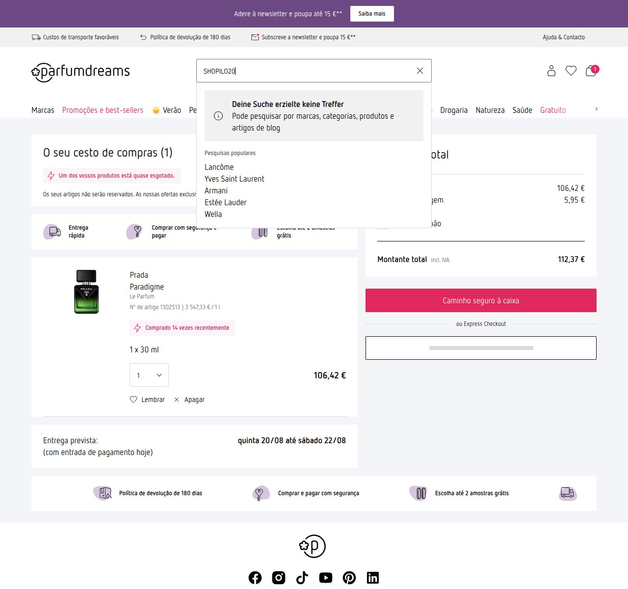 Onde inserir o código de desconto no site da Parfumdreams