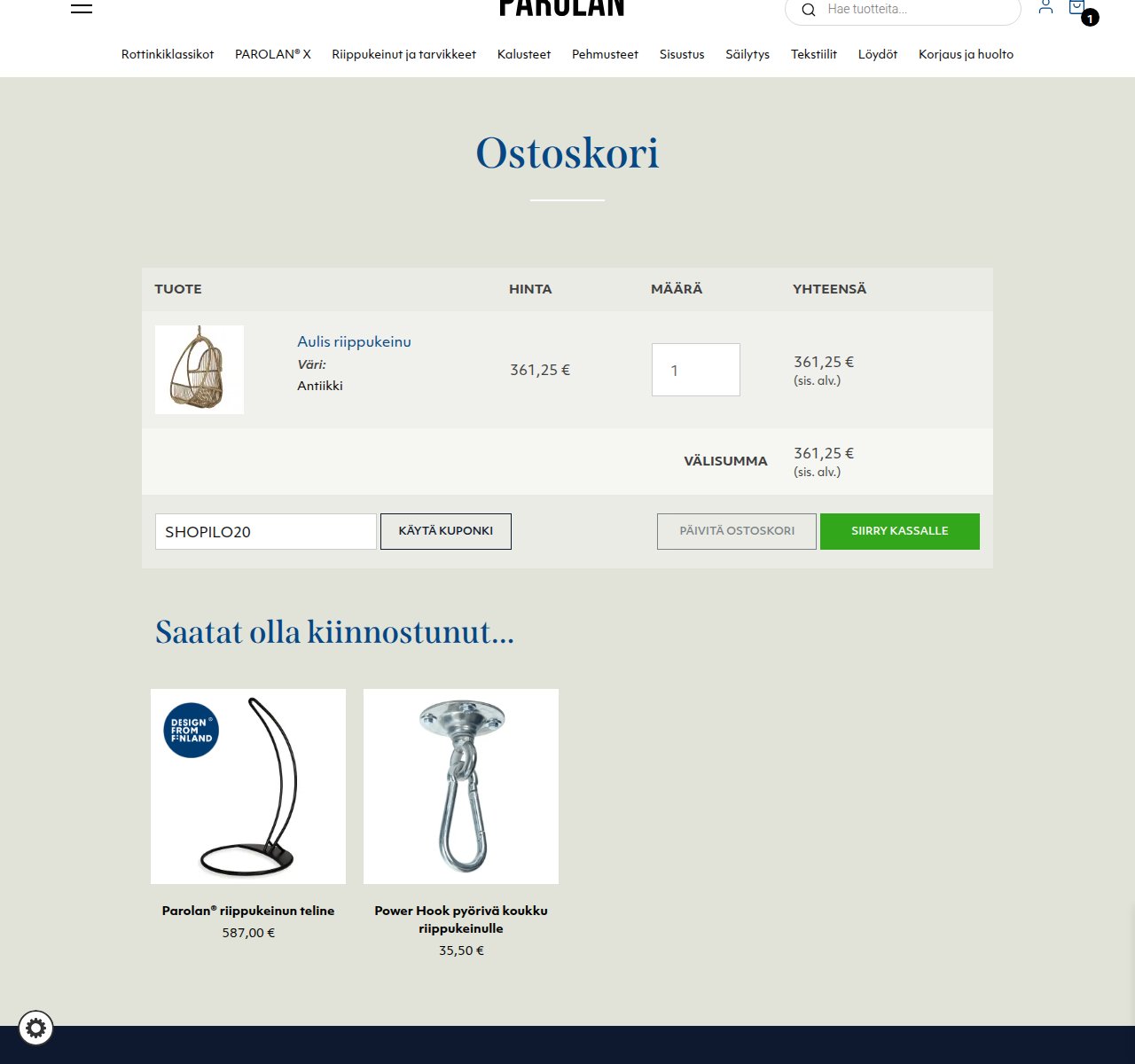 Mihin alennuskoodi syötetään Parolan Rottinki-sivustolla