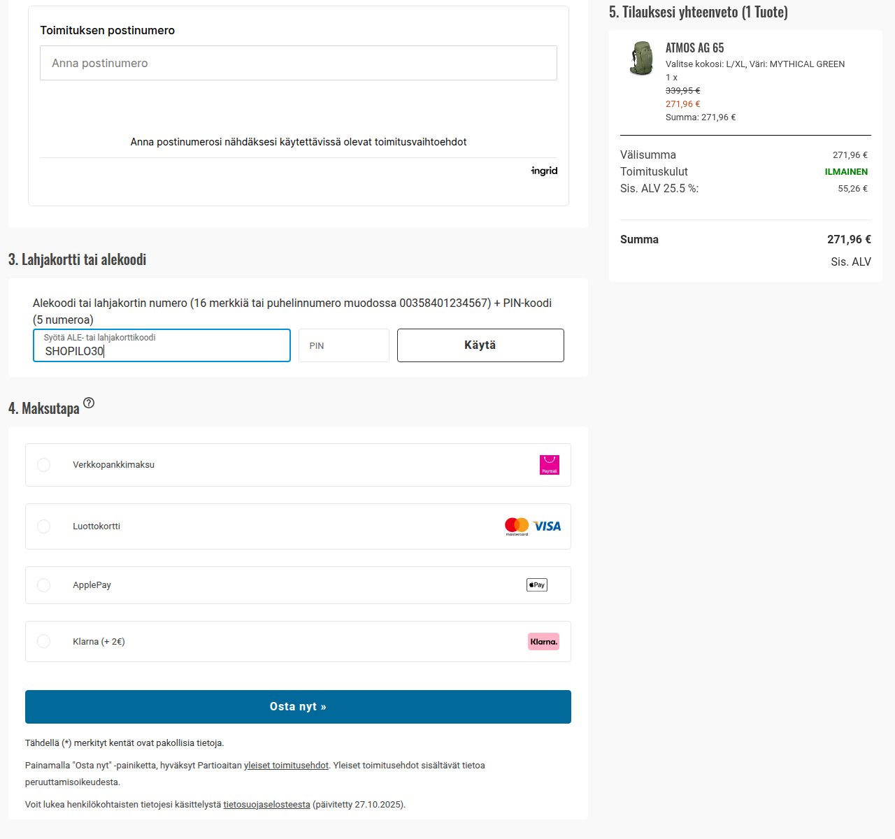 Mihin alennuskoodi syötetään Partioaitta-sivustolla
