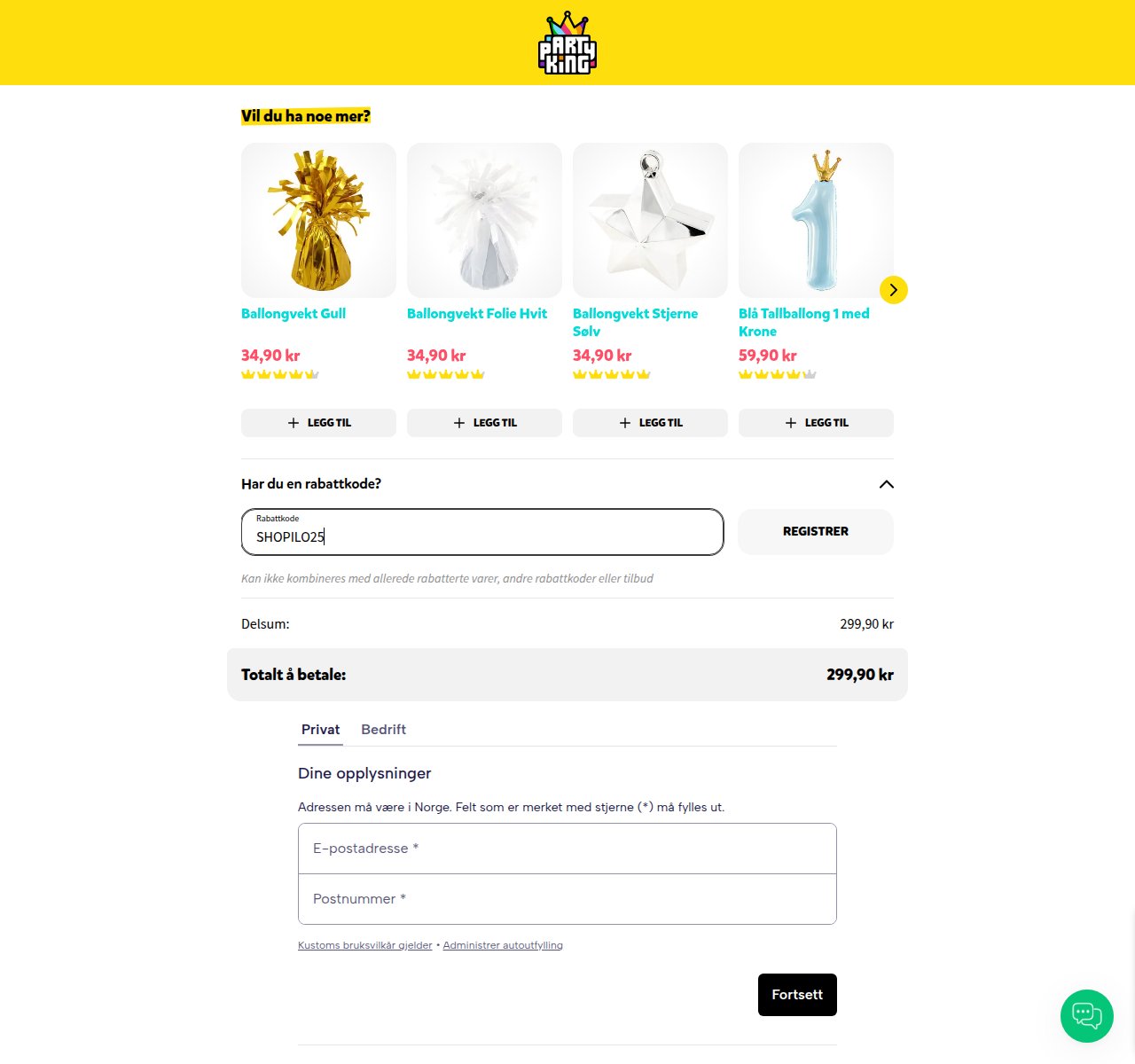 Where to enter the discount code on the Partyking website