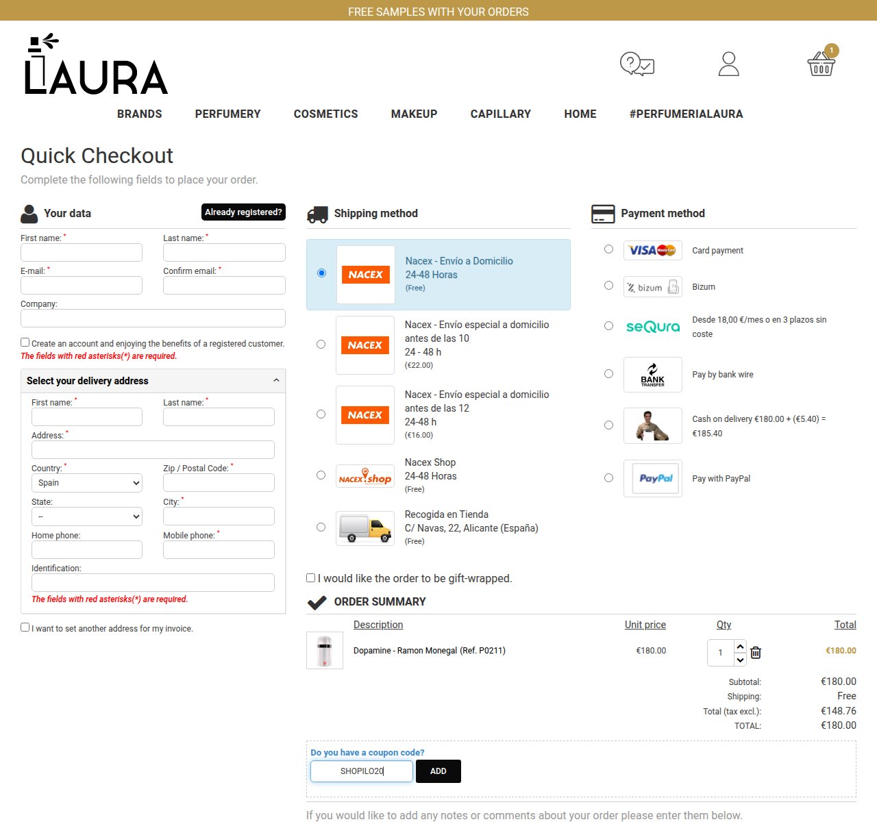 Onde inserir o código de desconto no site da Perfumería Laura