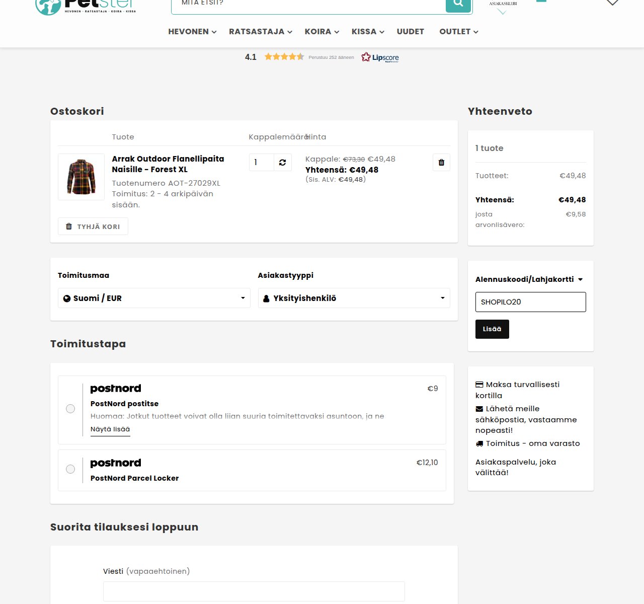 Mihin alennuskoodi syötetään Petster-sivustolla