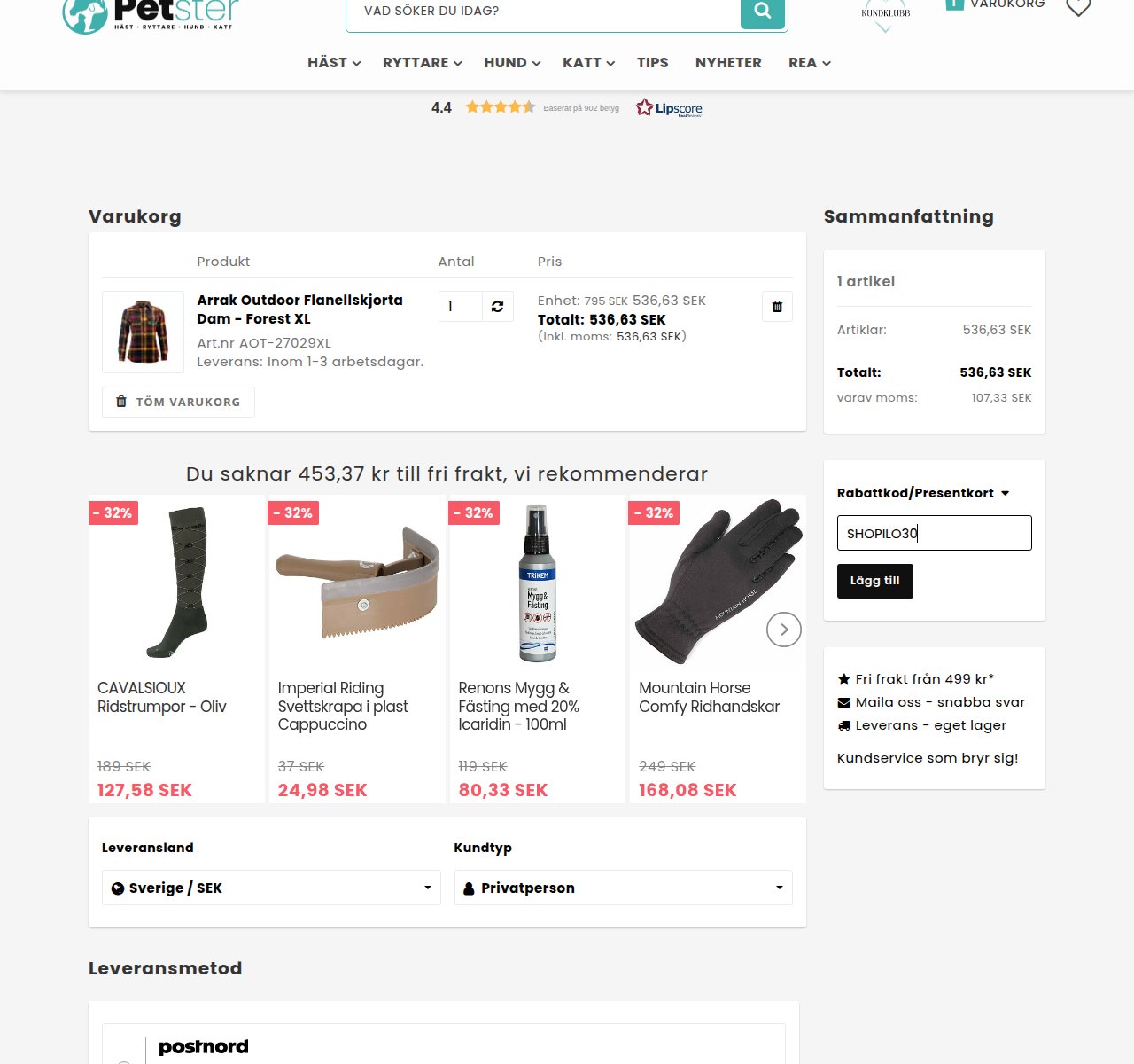 Var du anger rabattkoden på Petsters webbplats