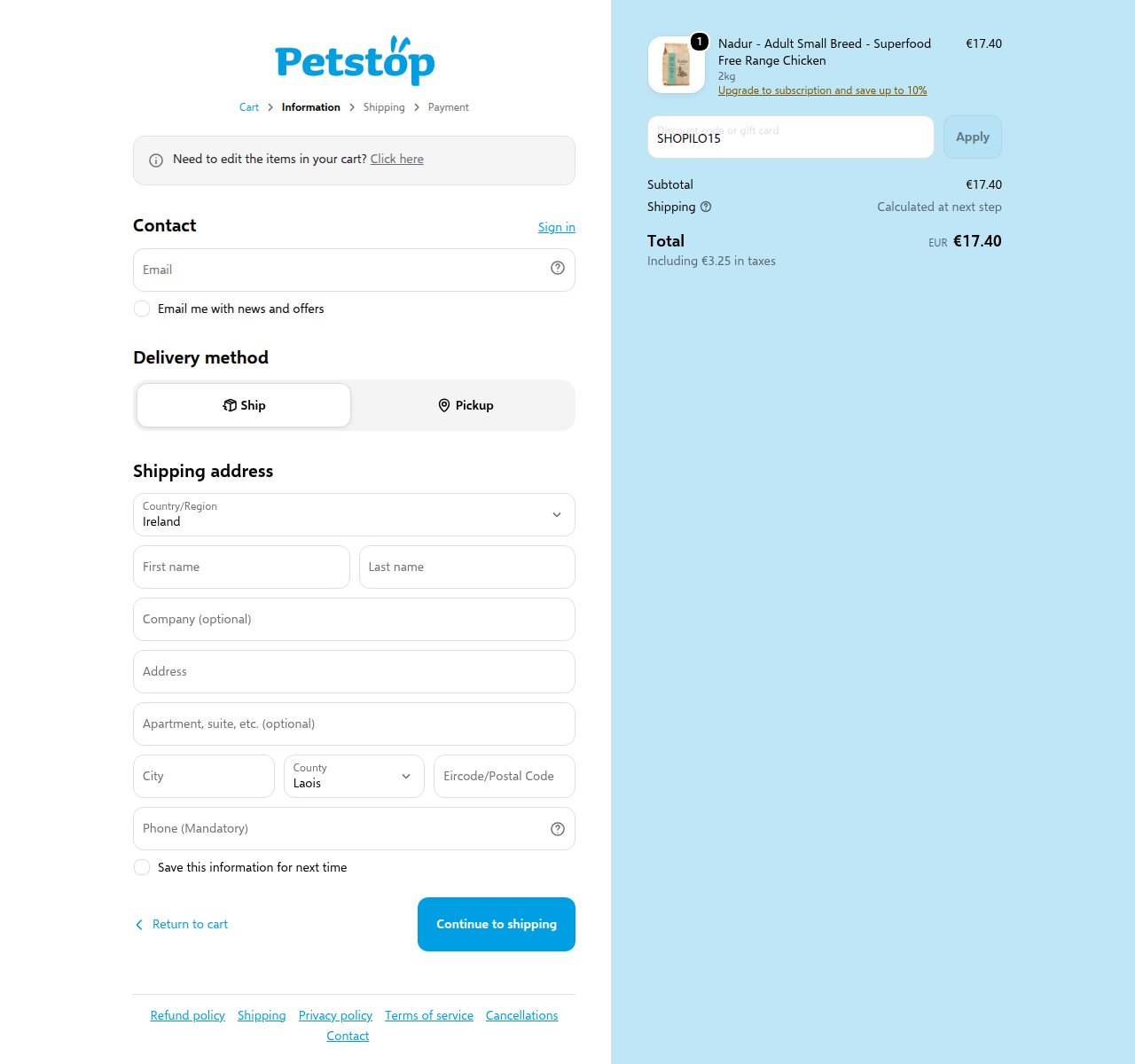 Where to enter the discount code on the Petstop website