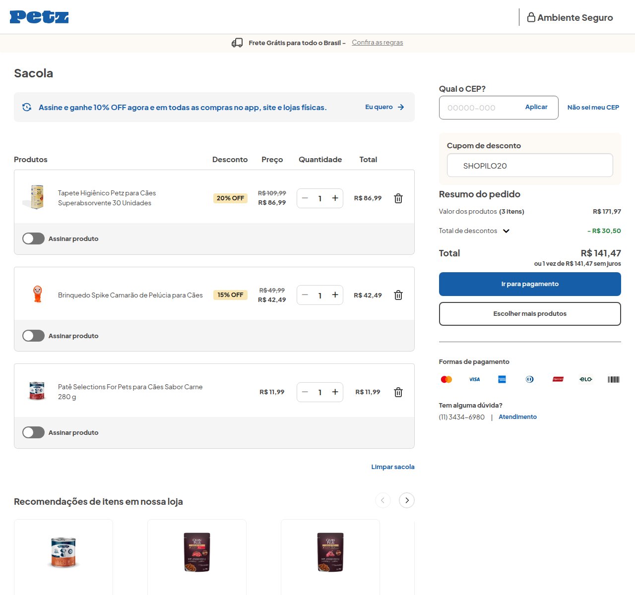 Onde inserir o código de desconto no site da Petz