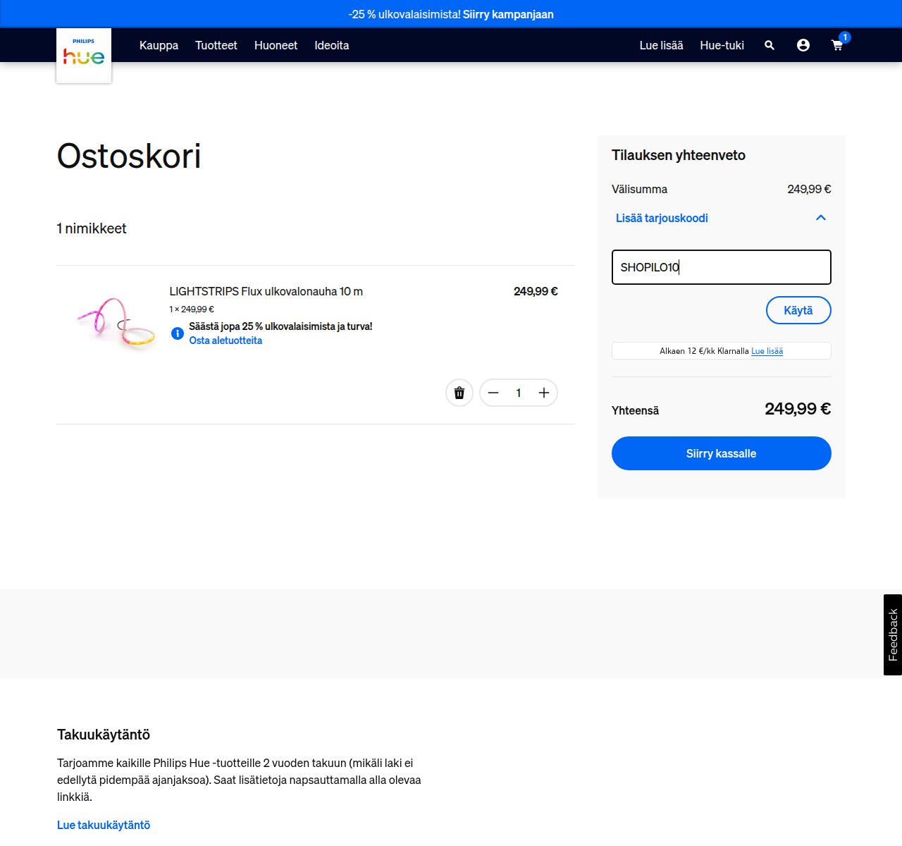 Mihin alennuskoodi syötetään Philips Hue-sivustolla
