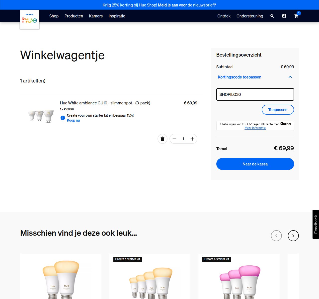 Waar je de kortingscode invoert op de Philips Hue-website