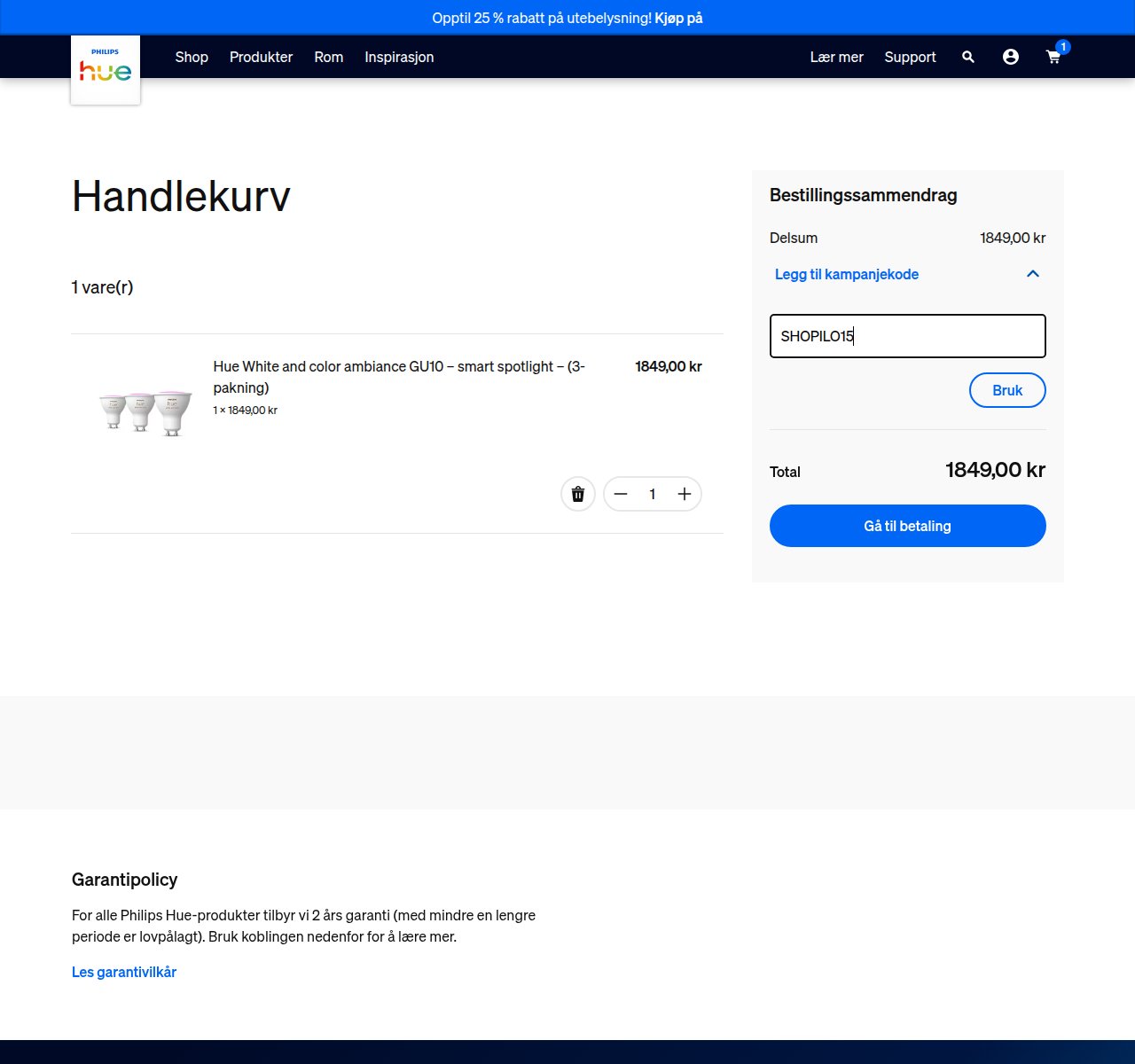 Where to enter the discount code on the Philips Hue website