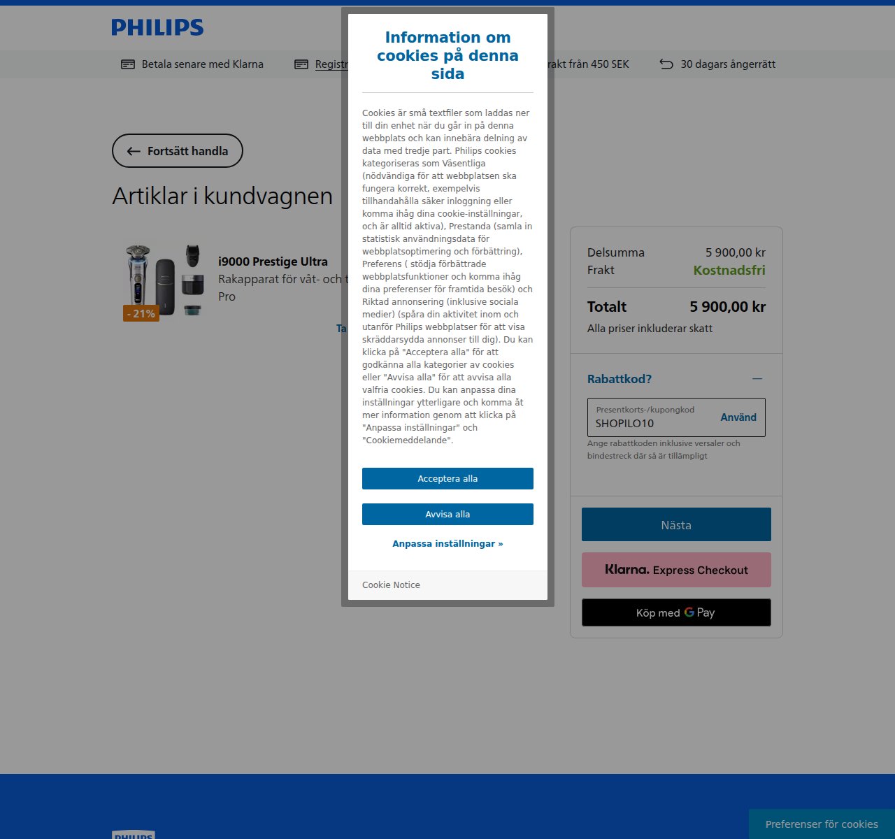 Var du anger rabattkoden på Philipss webbplats