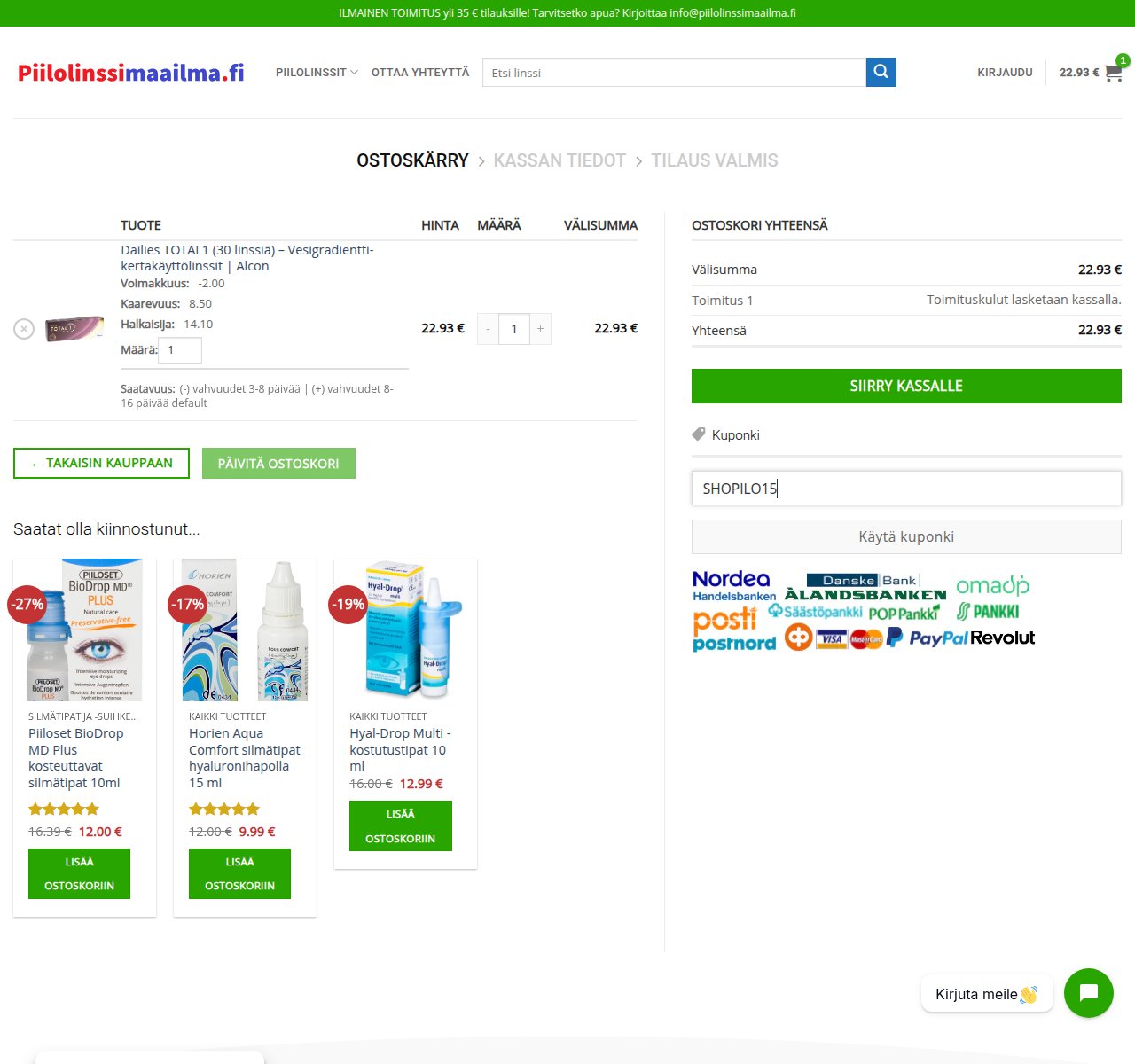 Mihin alennuskoodi syötetään Piilolinssimaailma.fi-sivustolla