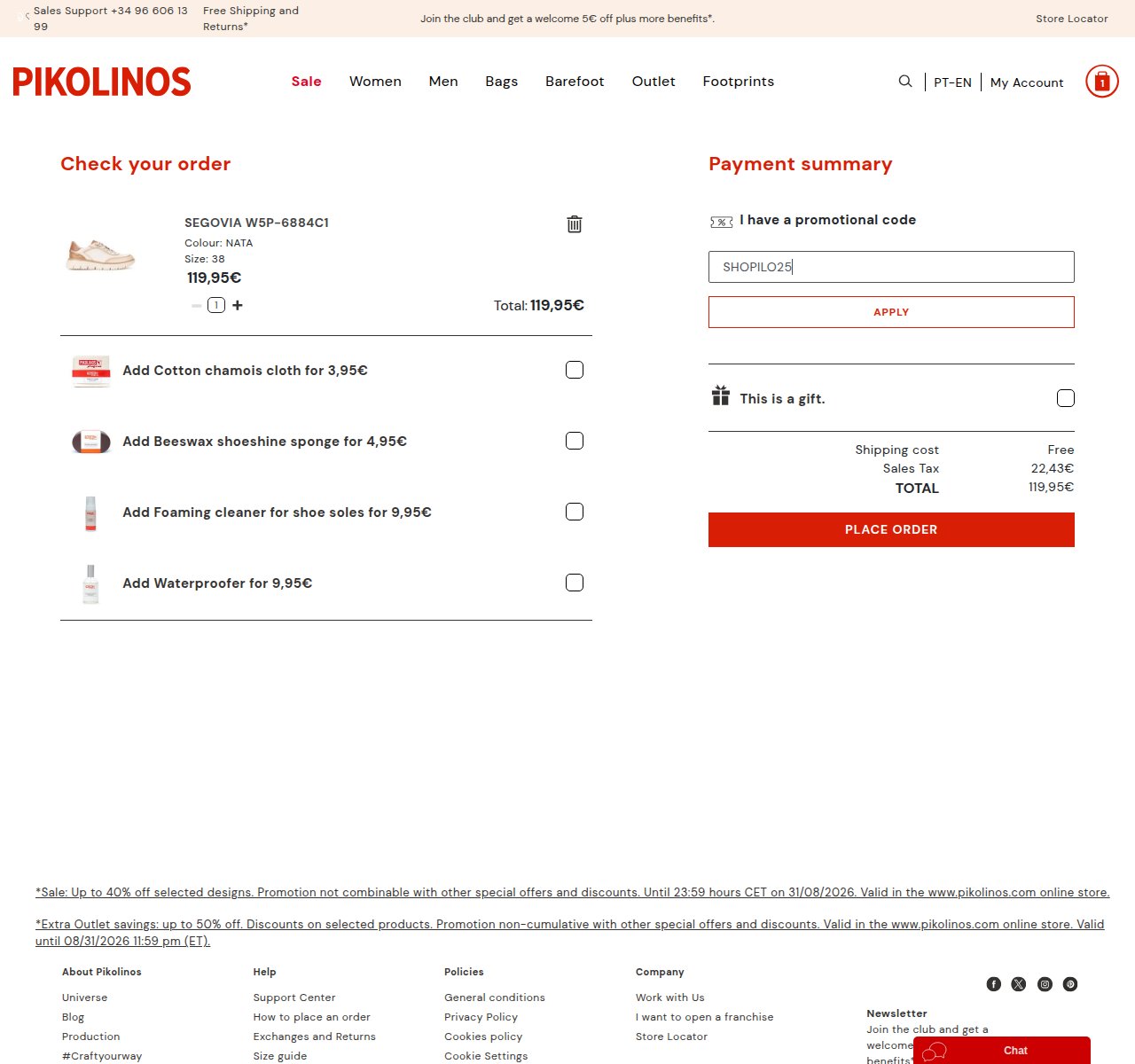 Onde inserir o código de desconto no site da Pikolinos
