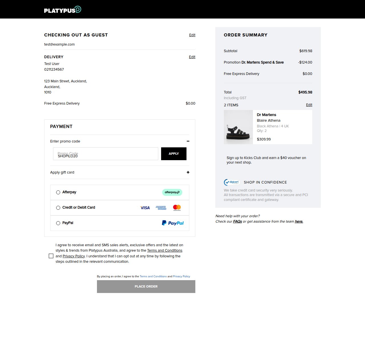 Where to enter the discount code on the Platypus Shoes website