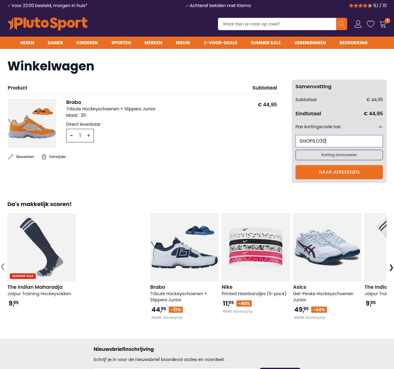 Waar je de kortingscode invoert op de Plutosport-website