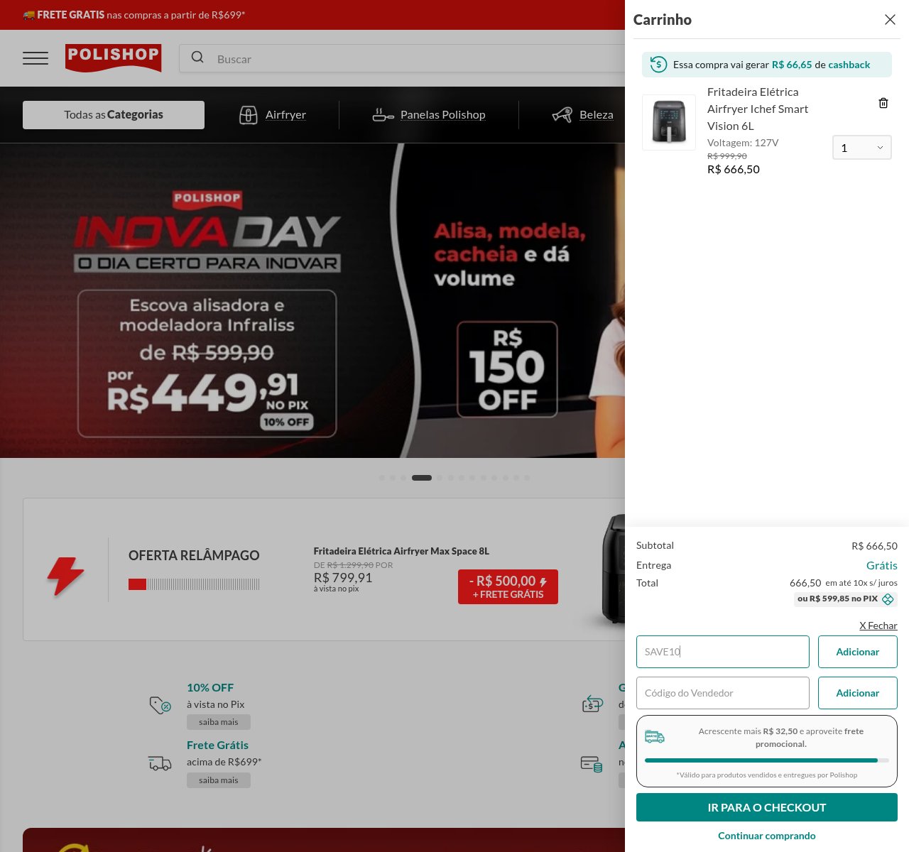 Onde inserir o código de desconto no site da Polishop