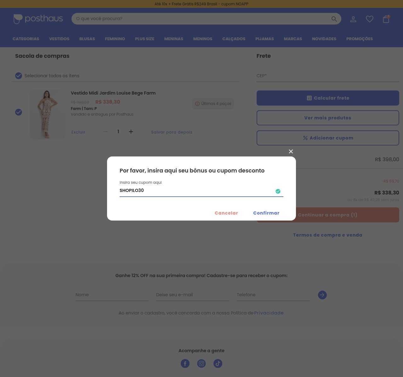Onde inserir o código de desconto no site da Posthaus