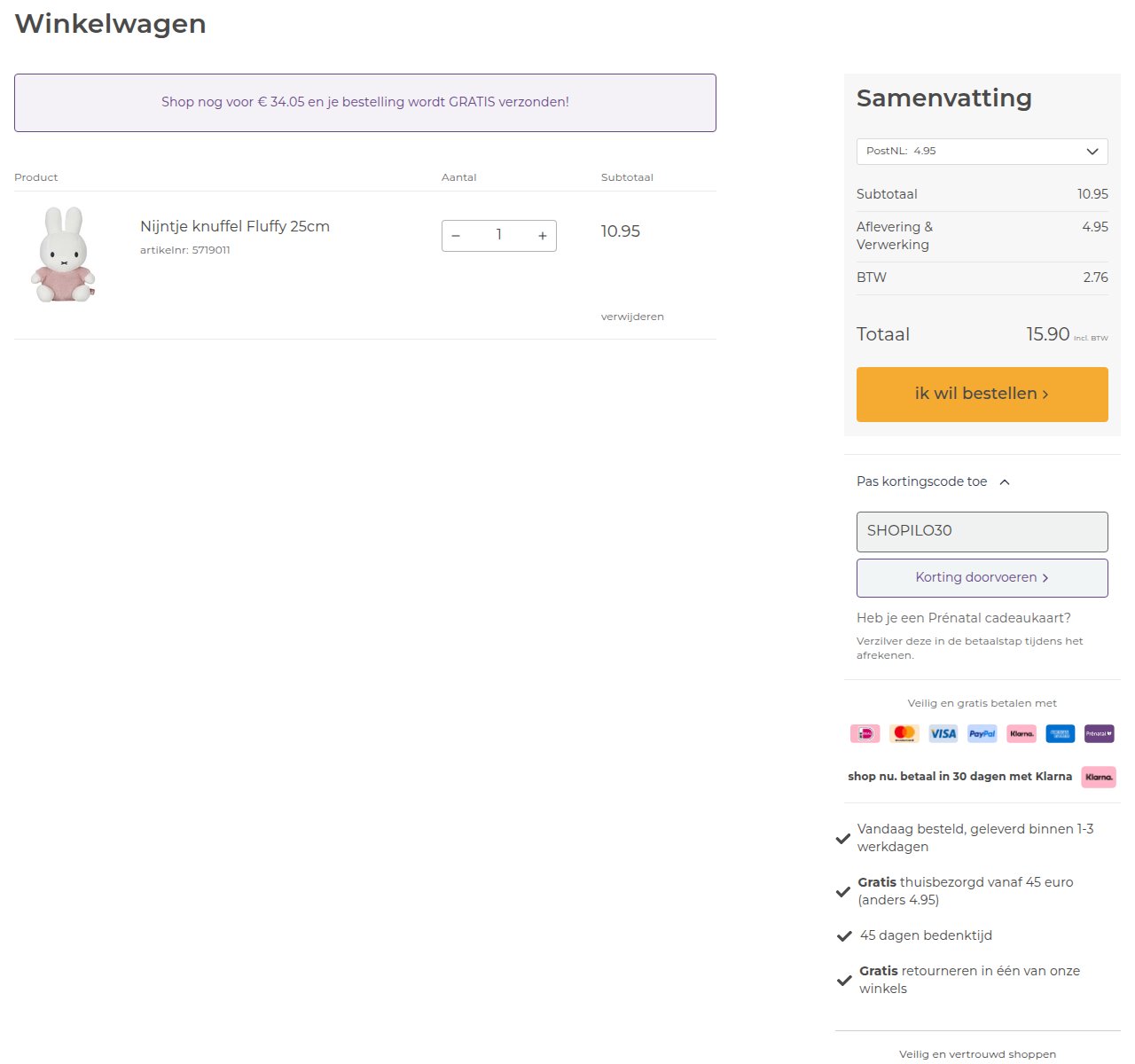 Waar je de kortingscode invoert op de Prénatal-website