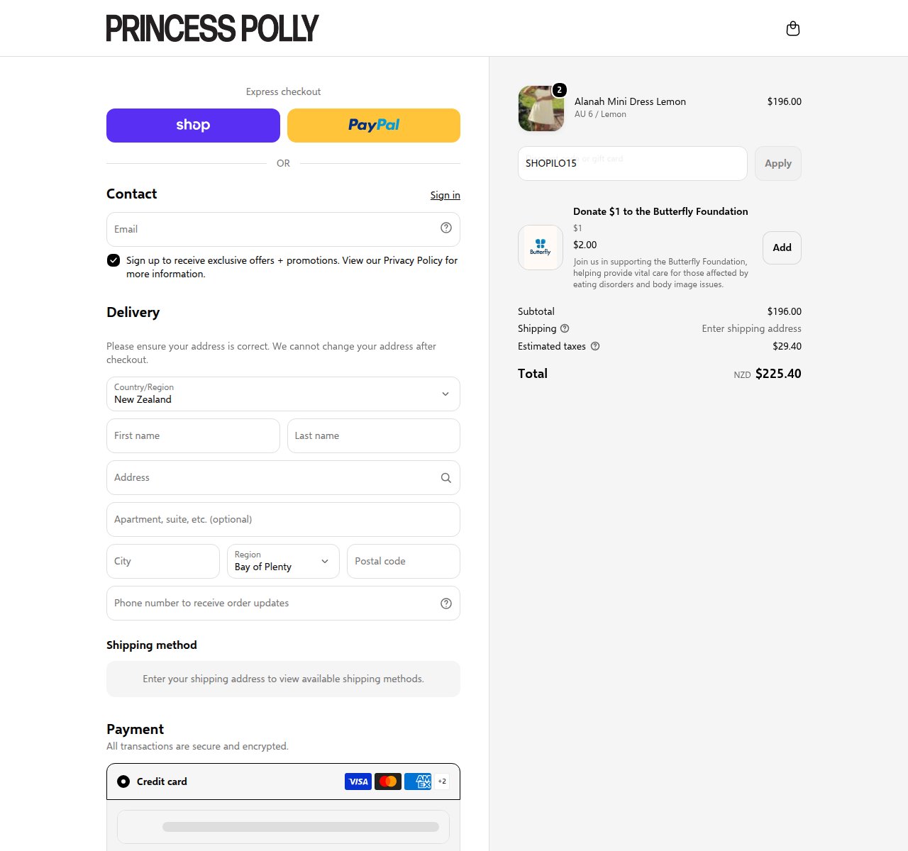 Where to enter the discount code on the Princess Polly website