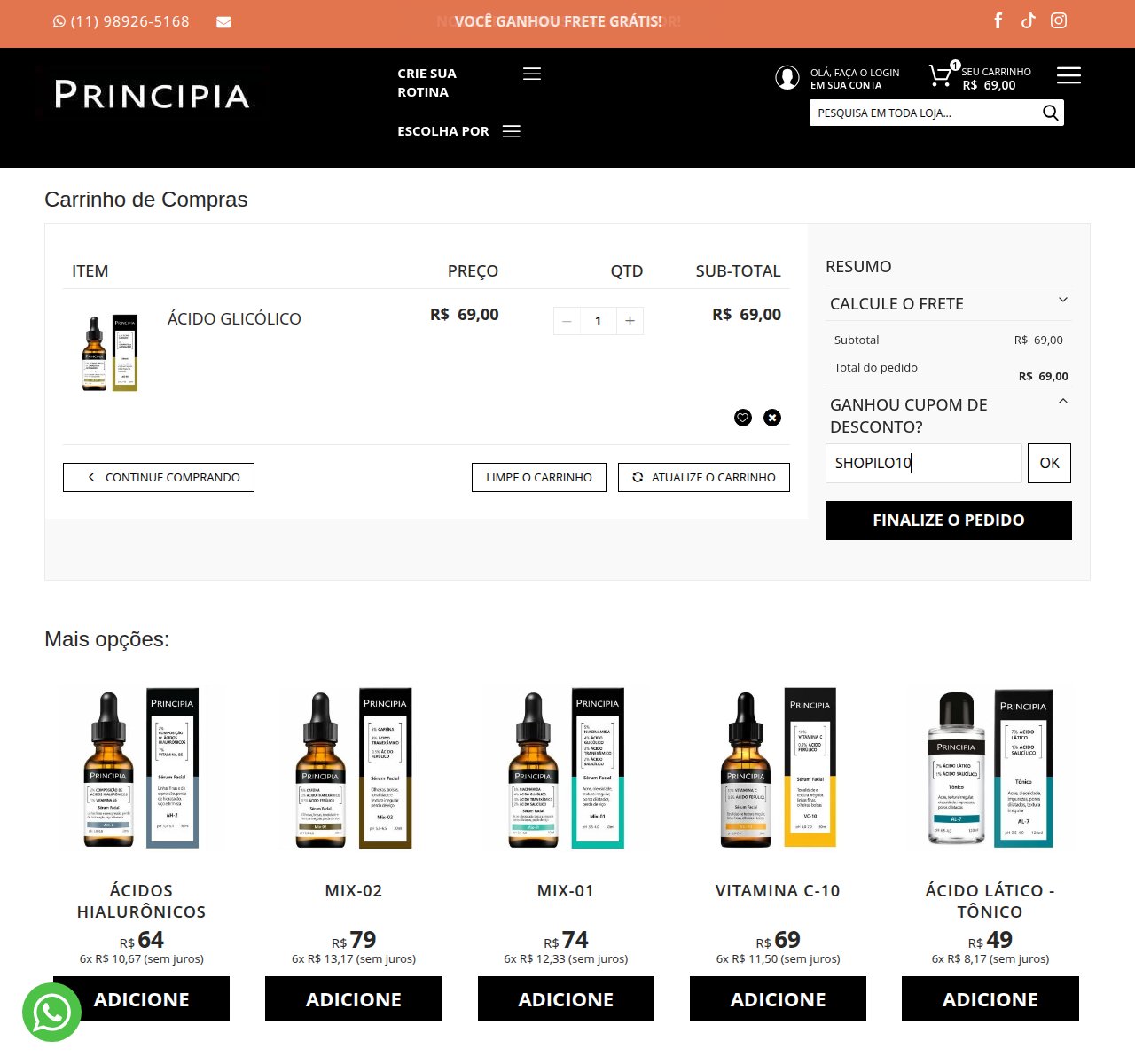 Onde inserir o código de desconto no site da Principia