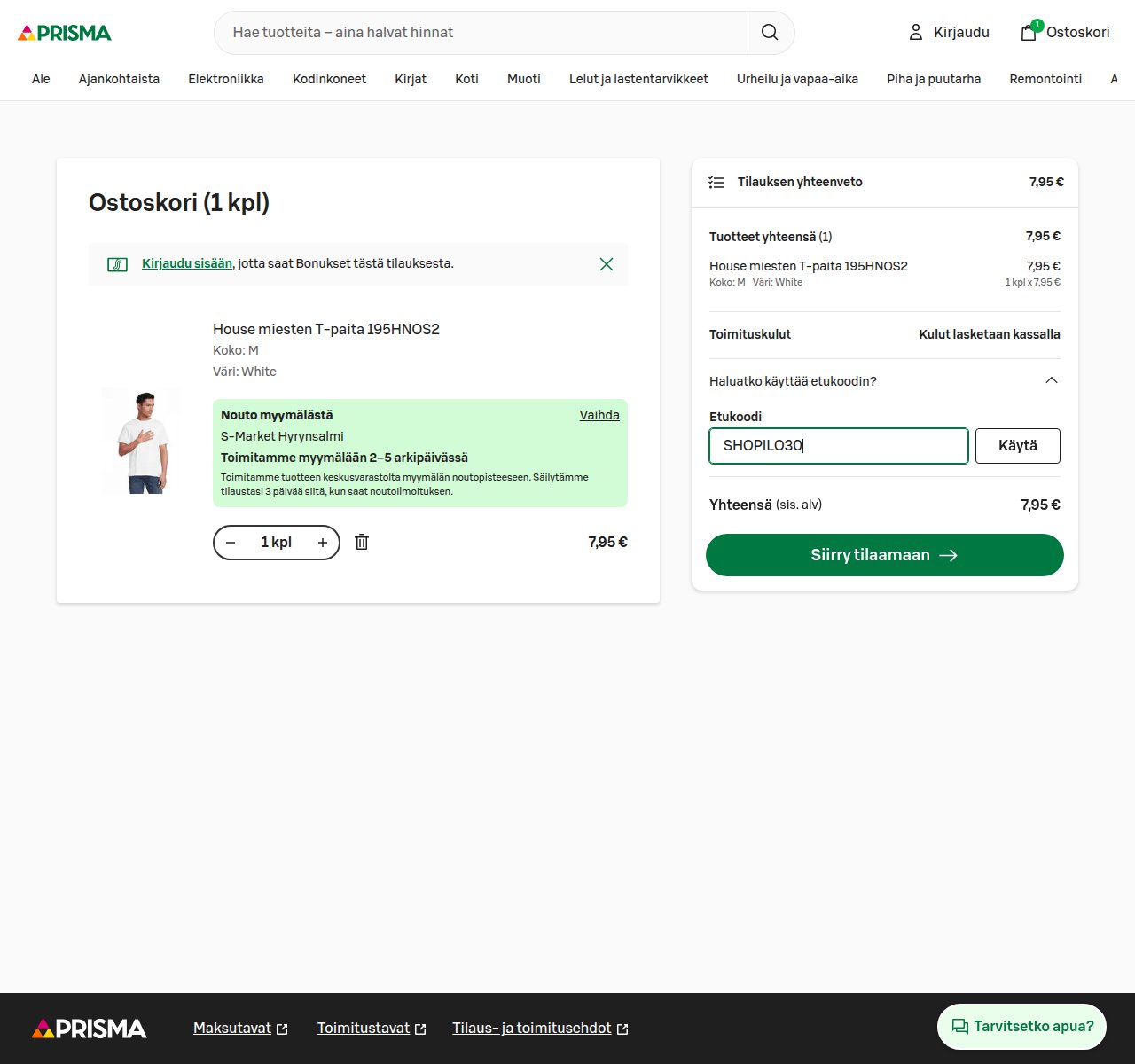 Mihin alennuskoodi syötetään Prisma-sivustolla