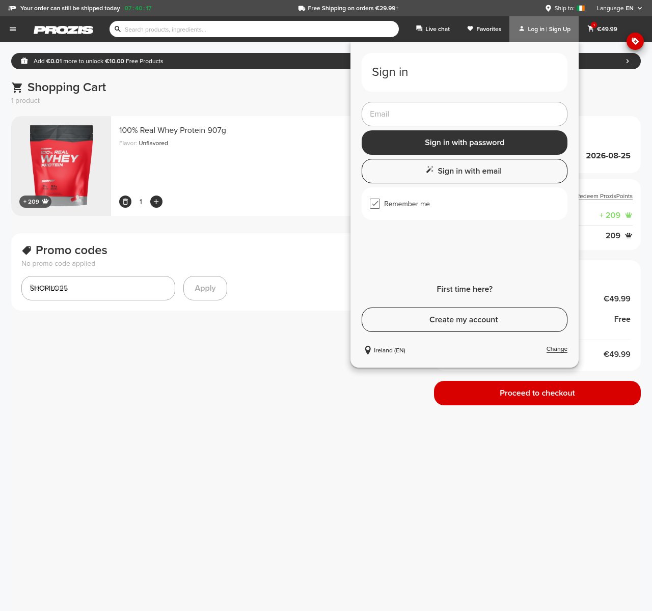 Where to enter the discount code on the Prozis website